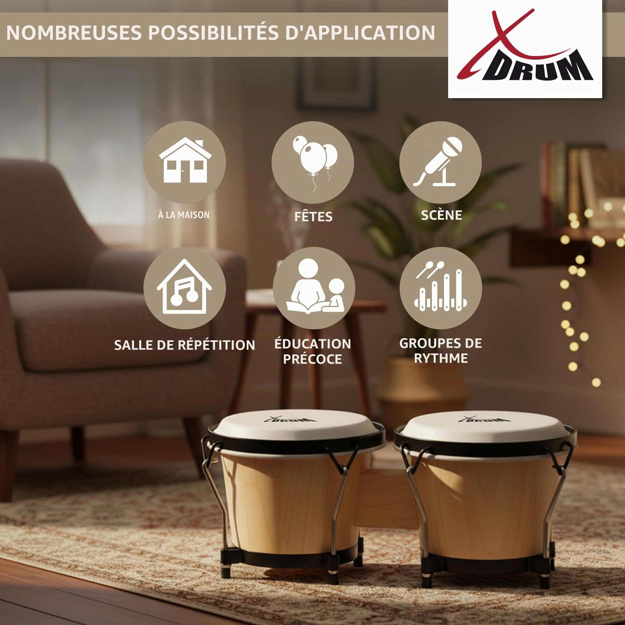 XDrum Bongos Club Nature, 2 tambours ("macho" et "hembra"), Bois: bouleau | Tailles de bongo: 6" et 7", Peaux naturelles, Quincaillerie chromée, Finition haut de gamme, Dimensions (H x L x P): 16, 5 cm