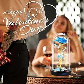 Otlonpe Preserved Artificial Glass Rose Flower Lamp, Forever Women Gifts for Birthday Christmas Valentines Mothers Day, 7.7'' Blue Rose Gifts for Mom Grandma Daughter Wife Girlfriend, Home Decor
