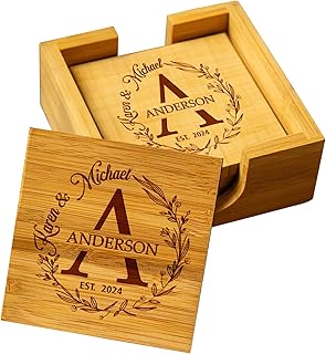 Silveroy Custom Coaster Set of 6 with Holder - Personalized Bamboo Bar Coasters for Anniversary, Wedding, Ideas to Couples, Newlyweds