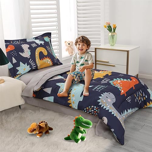 Miniatura 2 de Wowelife Juegos de Ropa de Cama para Niños Pequeños para Niños Premium Juego de Edredón de Dinosaurio de 4 Piezas Azul Gris, Súper Suave y Cómodo