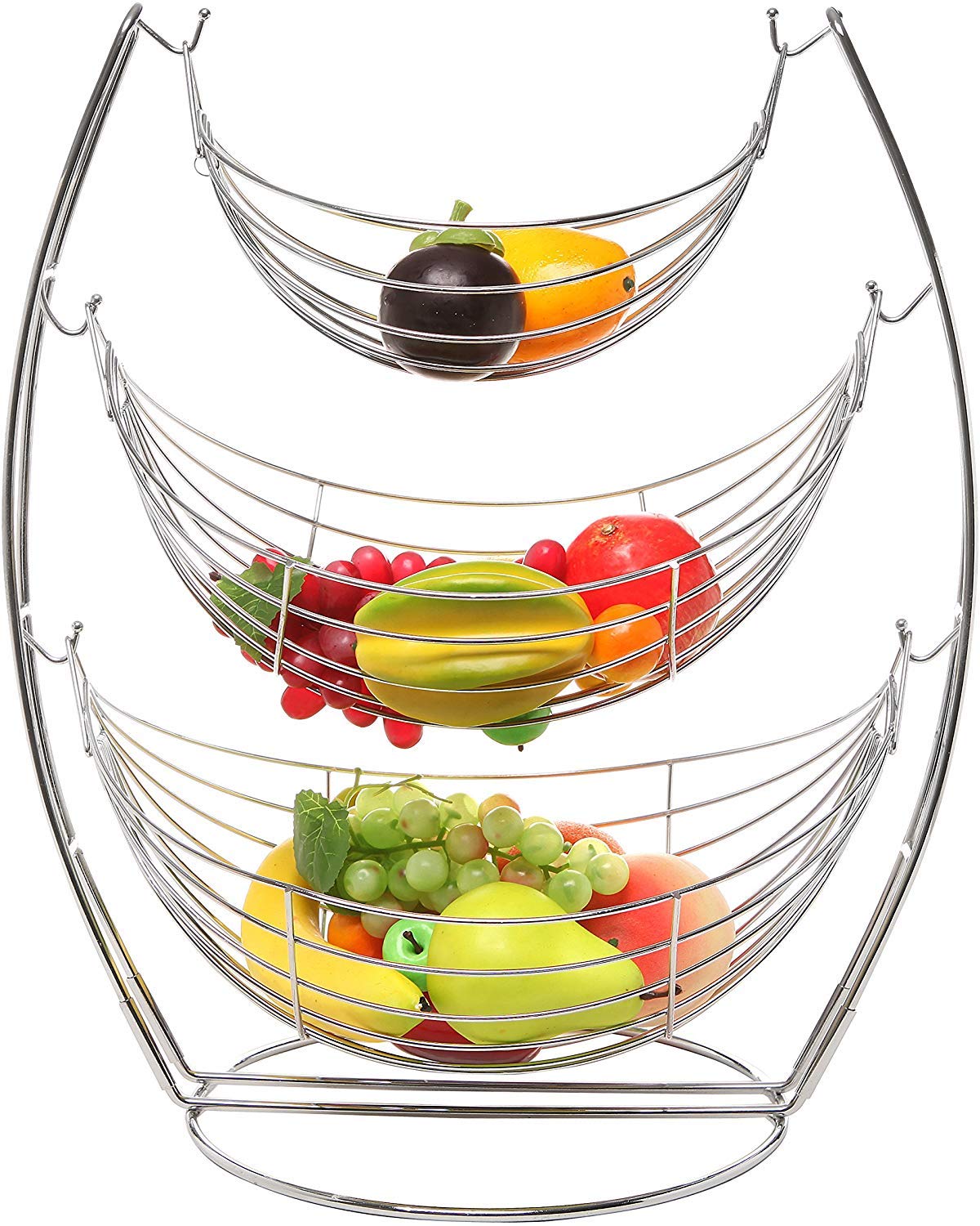 Homion Silver Swing Basket Rack Chrome Hammock Fruit Vegetables Produce Metal Kitchen Display Stand Portable Storage Basket Fruit Bowl Compact Kitchen Holder (3 Tier Basket)