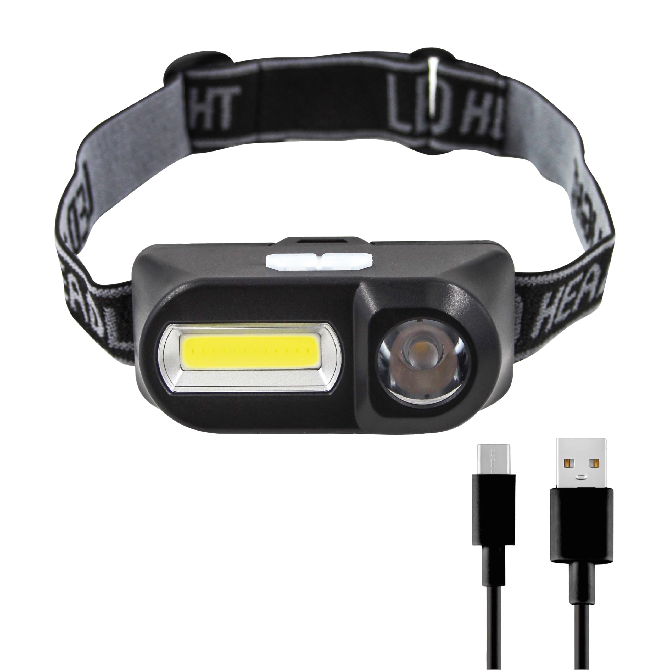 Uni-Com Rechargeable Head Torch – Compact Headlight with 1W LED Spotlight & 1W COB LED Floodlight, Adjustable Strap, Tiltable Beam, Multi Light Settings & Included USB-C Cable for Work & Leisure