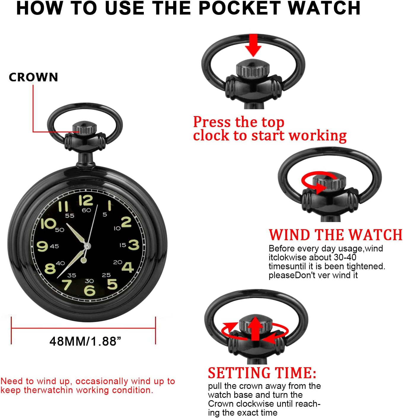 Uncovered Black Mechanical Pocket Watch, Arabic Numeral Dial Men's Pocket Watch with Chain