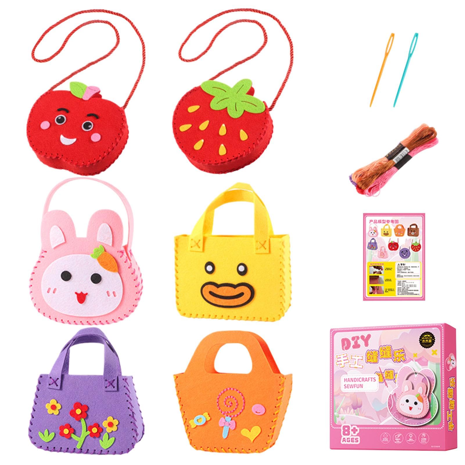 Kit borsa da cucito per bambini, kit artigianale per borsa piccola, giocattoli per imparare a cucire in tessuto non tessuto, primo kit da cucito educativo per bambini con modelli per ragazze e ragazzi