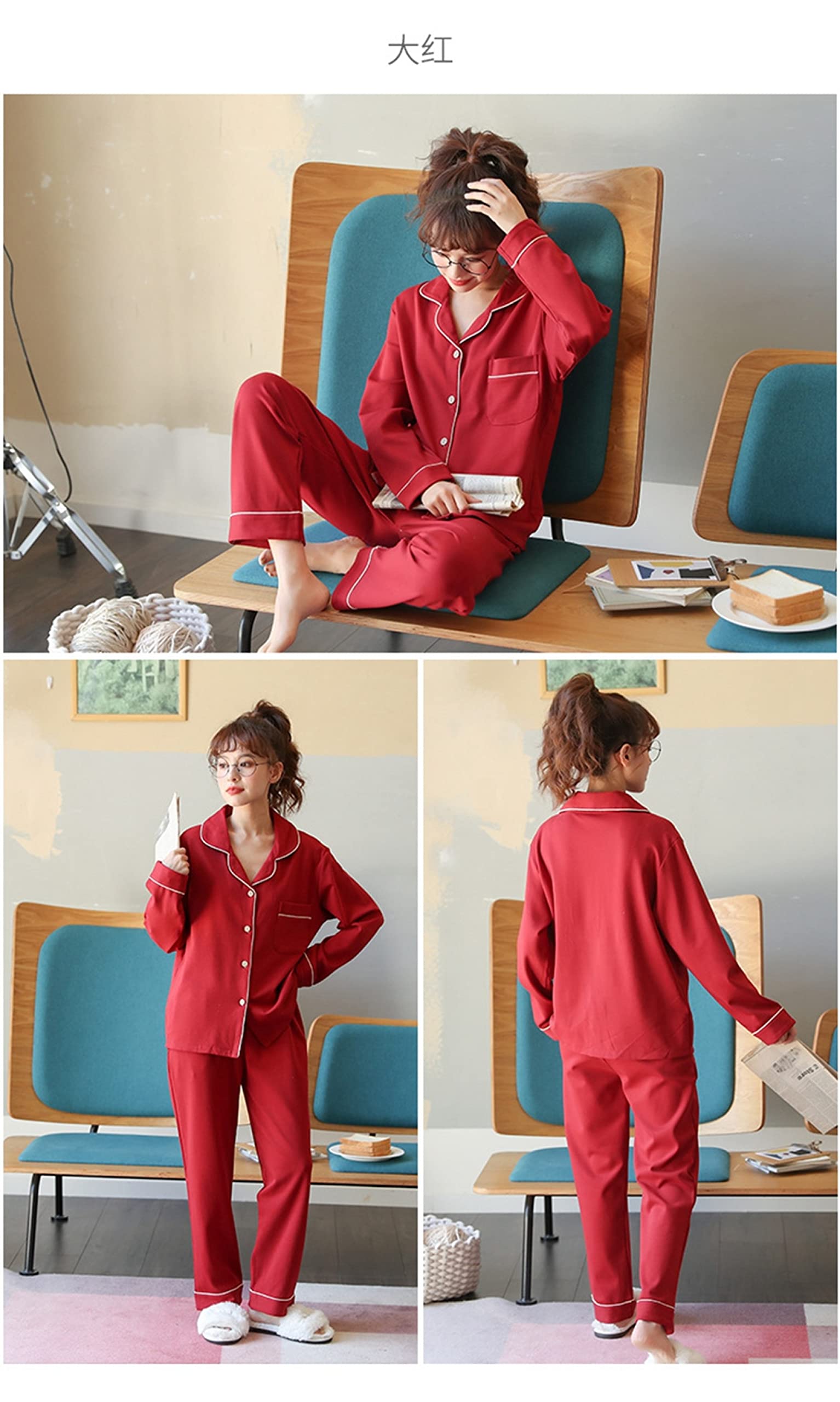 Pijamas de Franela para Invierno y otoño para Mujer y Hombre, Conjuntos de Pijama de 2 Piezas para Mujer, de algodón, de Manga Larga, con Solapa, Sencillos, Rojos, Informales, para