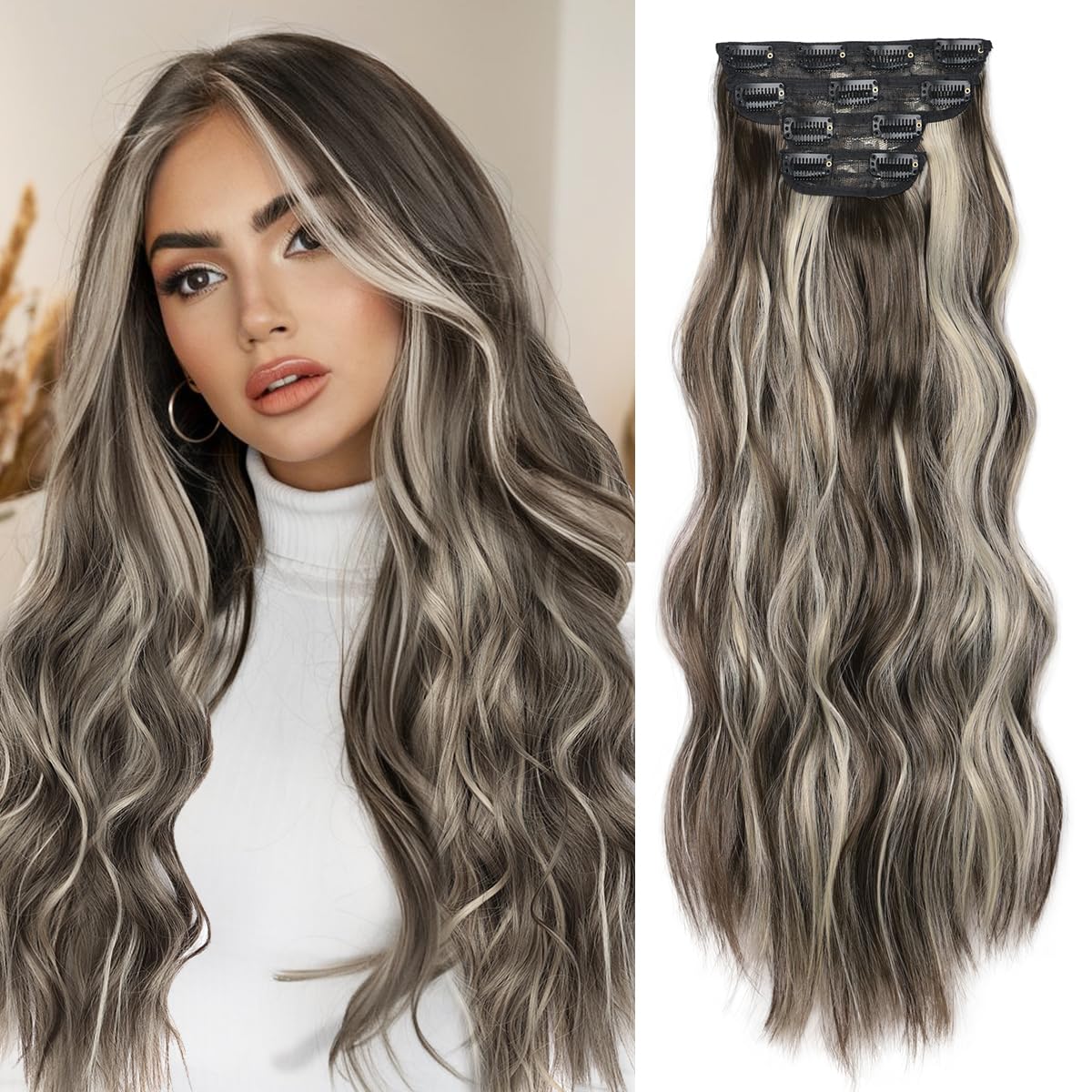 JIAMEISI Hair Extensions Clip in 4PCS Full Head Long Wavy Hair Extension Highlight Synthetic Fiber 22 Inch 200g Clip in Thick Hairpieces for Women (#P8/88 Ash Brown Mixed Platinum Blonde)