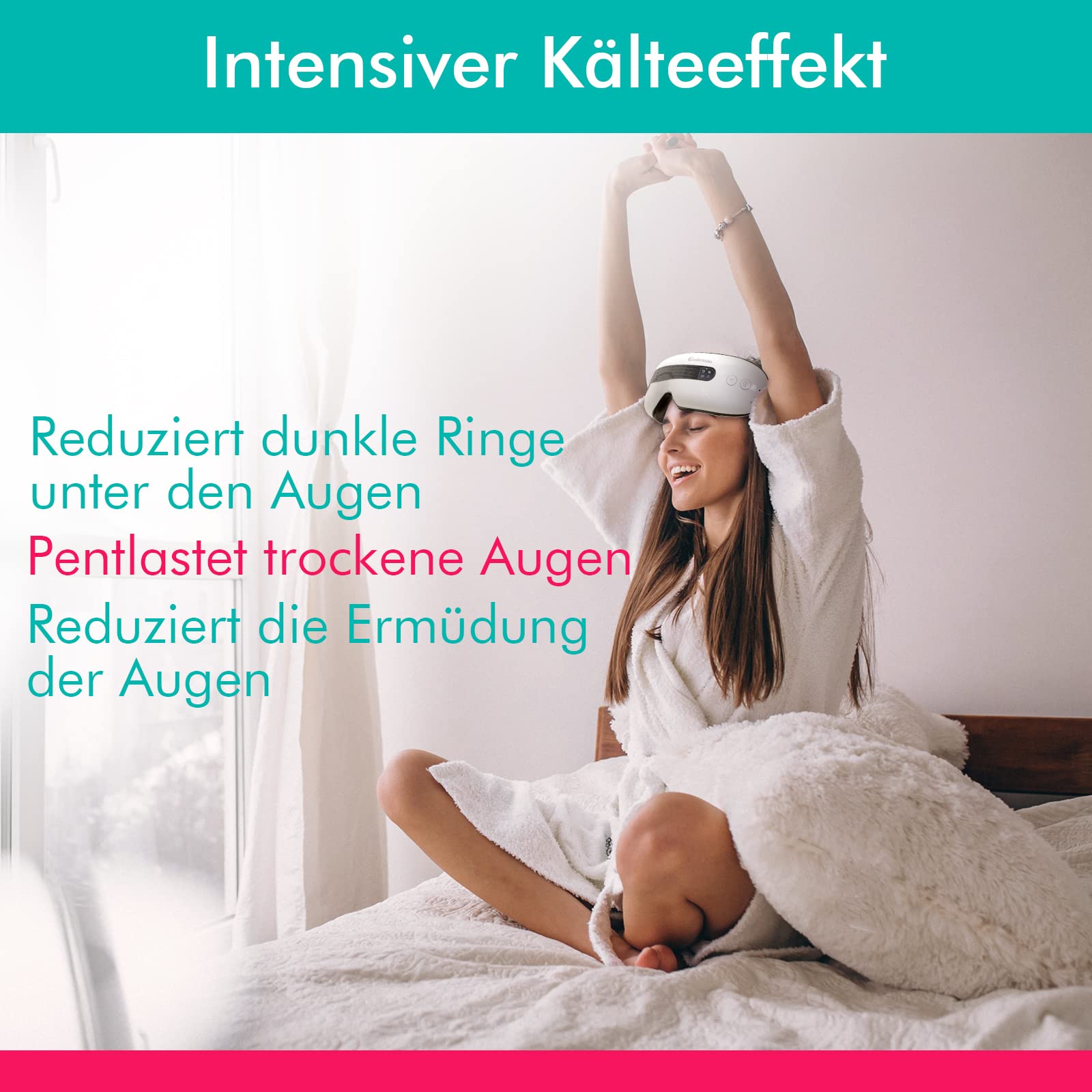 A80 Augen Massagegerät mit 4 Modi, Bluetooth Musik gegen Migräne | Wärme- und Kühlfunktion mit Shiatsu Akupressur sowie verstellbarem Riemen, Weiß