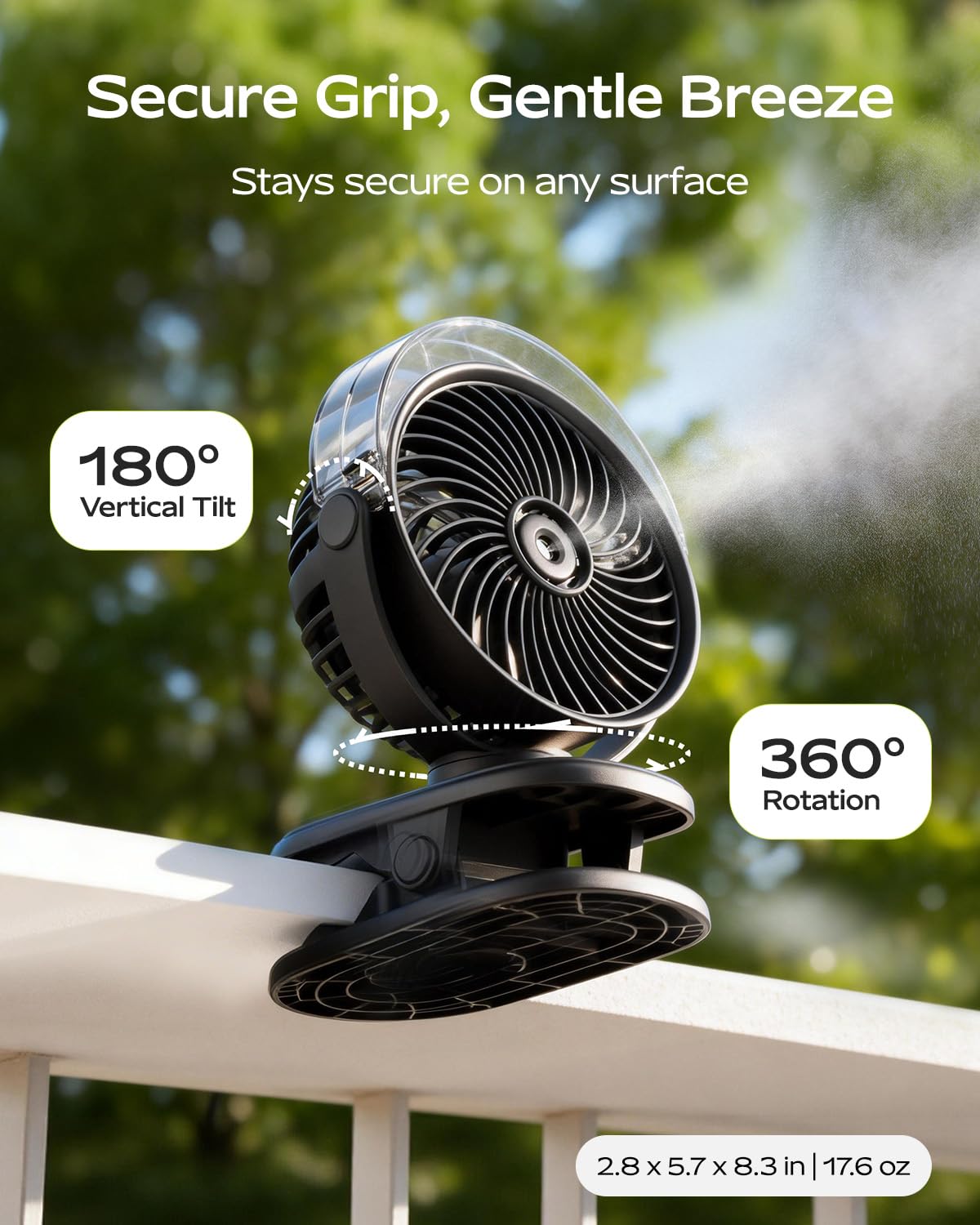 SWEETFULL Ventilateur brumisateur portable à clipser, rechargeable par USB-C, mini ventilateur de refroidissement personnel avec 4 vitesses, rotation à 360°, refroidissement silencieux pour extérieur