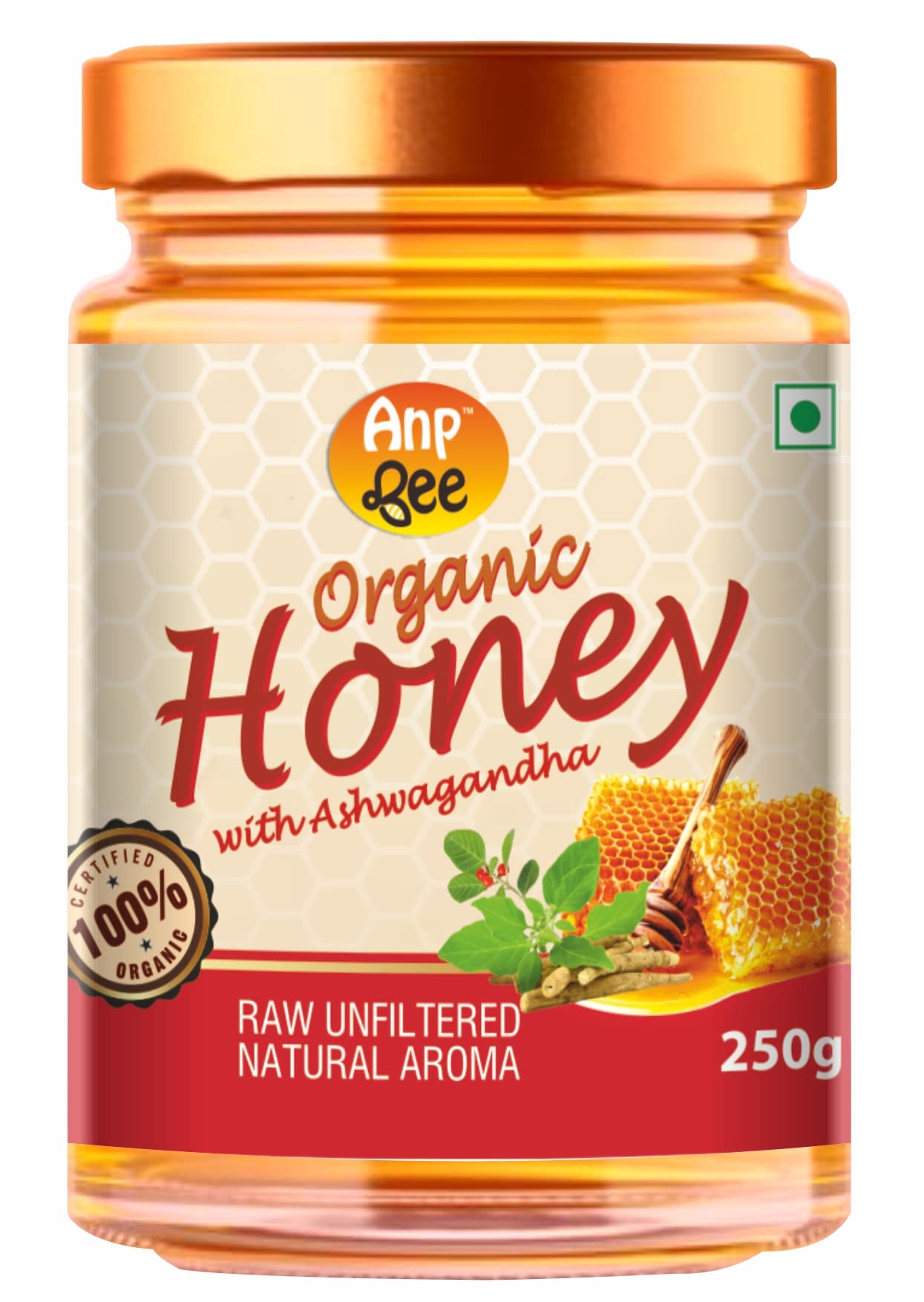ANP BEE® Organic Honey with Ashwagandha | 100% Pure, NMR Tested Organic Honey | Unprocessed, and Unfiltered Organic Ashwagandha Honey | NPOP Organic Certified | Ashwagandha Honey | 250gm Bottle