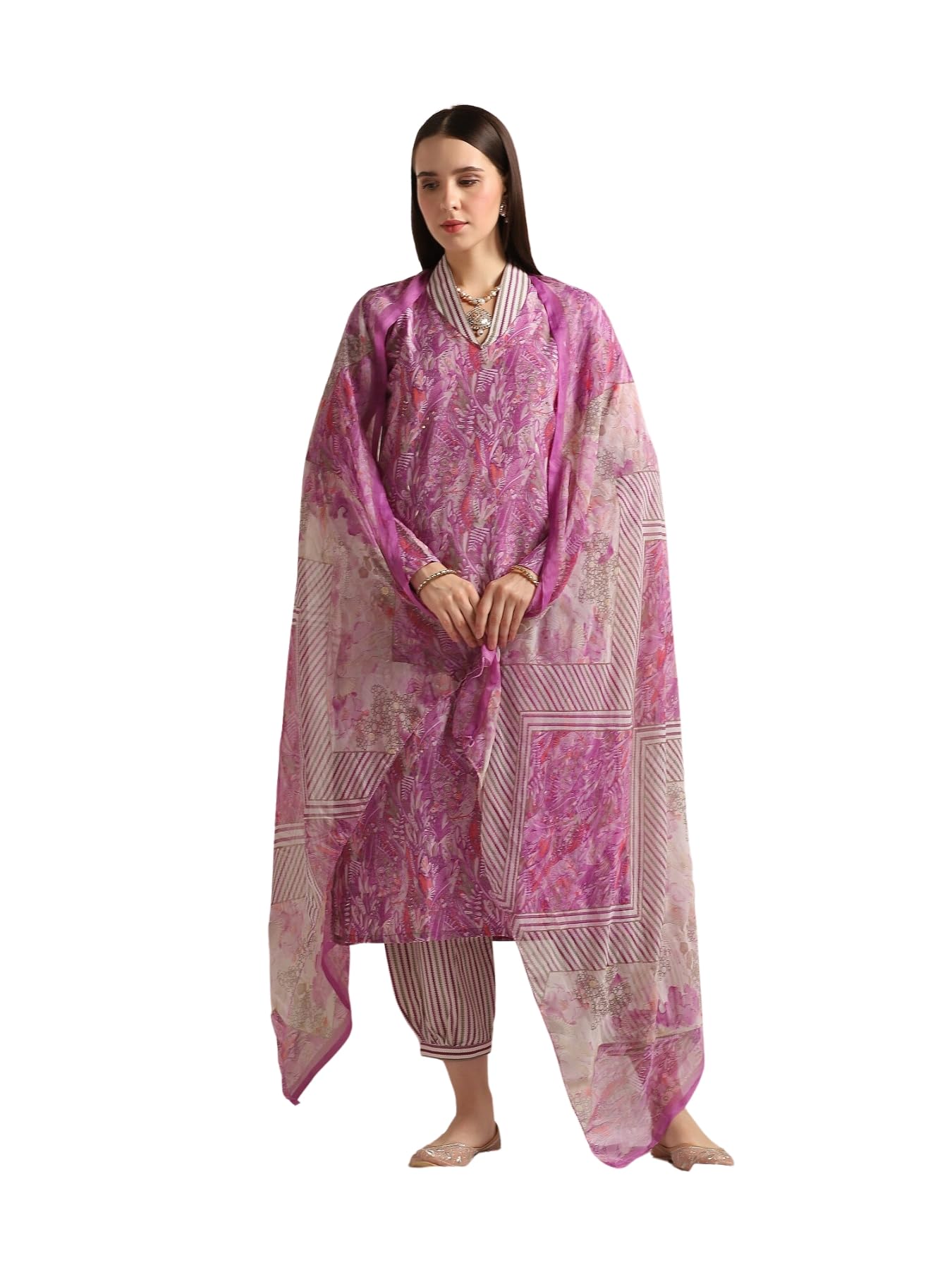 Dhruvi Trendz Womens Cotton Blend Women Kurta Set With Duptta And Pant Regular Fit Dt-K2717&P139&D94 (Dt-K2719&P141&D96_Purple_3Xl)