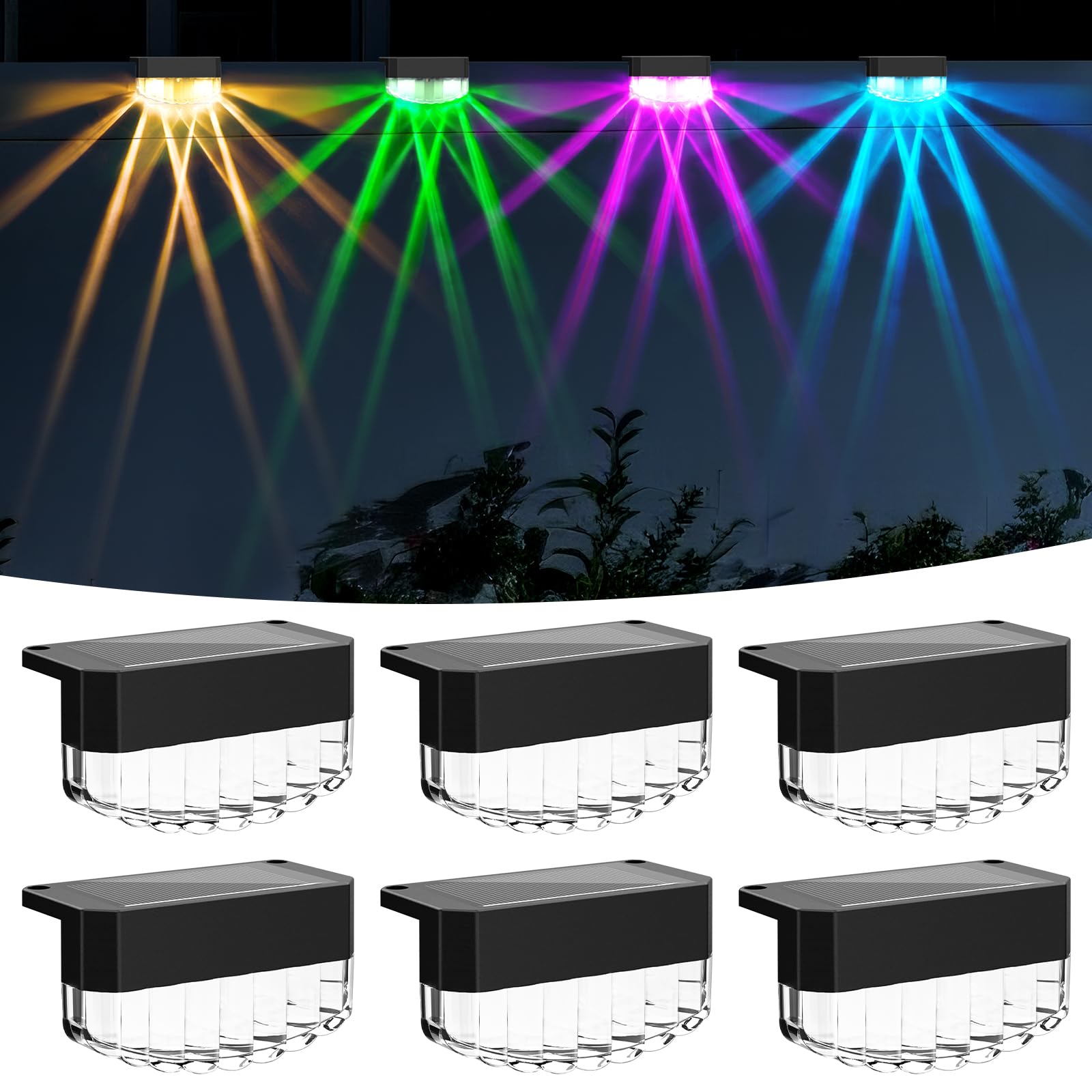 YIFMOO Solarlampen für Außen Garten, 6 Stück Solarleuchten für Außen, Solar Gartenleuchten mit 8 Beleuchtungsfarben und Farbwechsel, LED Solar Zaunleuchten für Terrasse Wand Treppen Deko