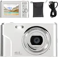 Câmera Digital, Câmera de Bolso Com Display IPS HD 1080P de 2,4 Polegadas, Câmera Compacta de Apontar e Disparar Com Zoom de 16X, Câmera de Vlogging de 48MP para Gravação (Espaço Prata)