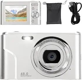 Câmera Digital, Câmera de Bolso Com Display IPS HD 1080P de 2,4 Polegadas, Câmera Compacta de Apontar e Disparar Com Zoom de 16X, Câmera de Vlogging de 48MP para Gravação (Espaço Prata)