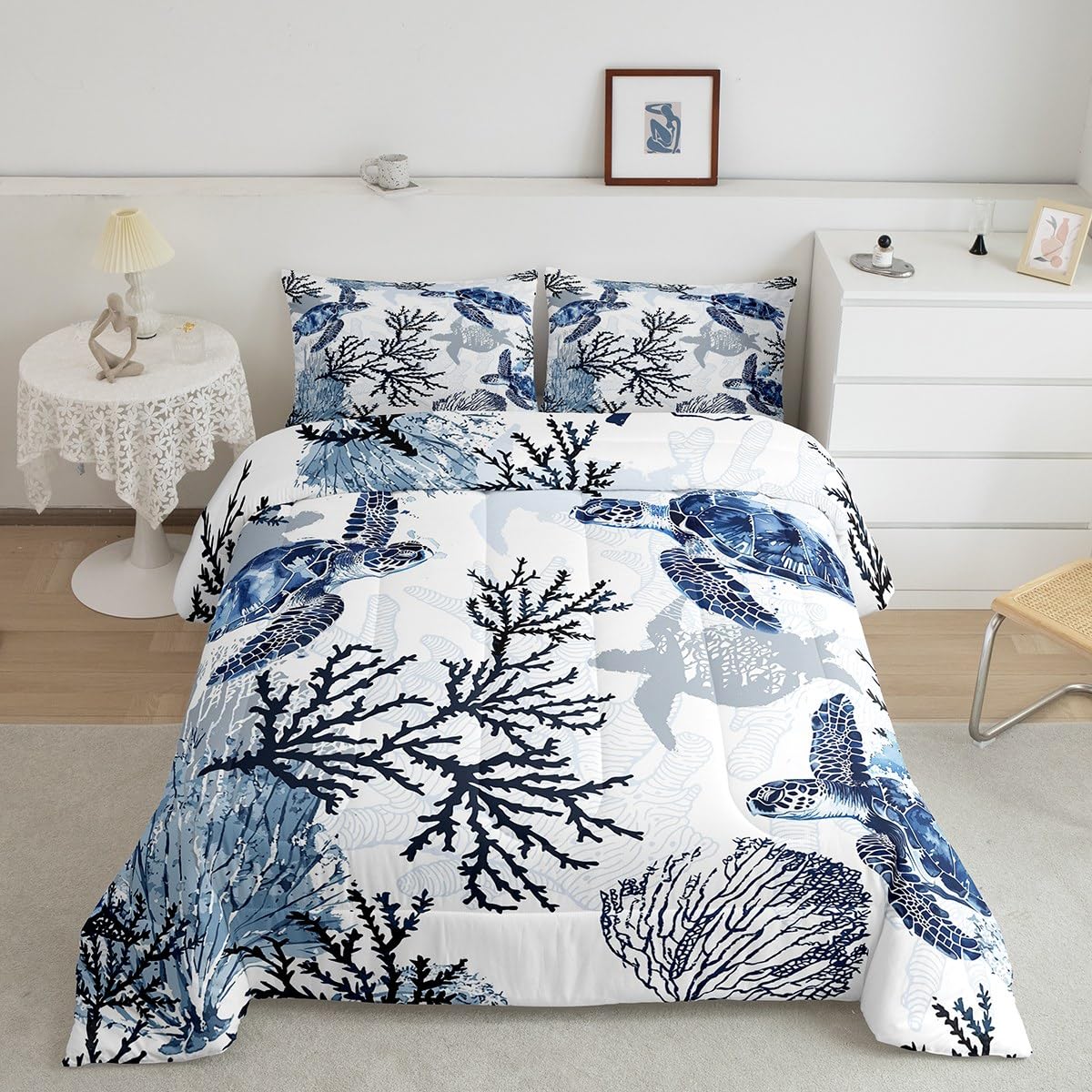 Homewish Sea Turtle Comforter Set Queen Size,Coral Bedding Set 3pcs for Kids Boys Girls Adults Room Decor,Ocean Creature Quilt Set White Navy Blue Microfiber Duvet Insert with 2 Pillowcases