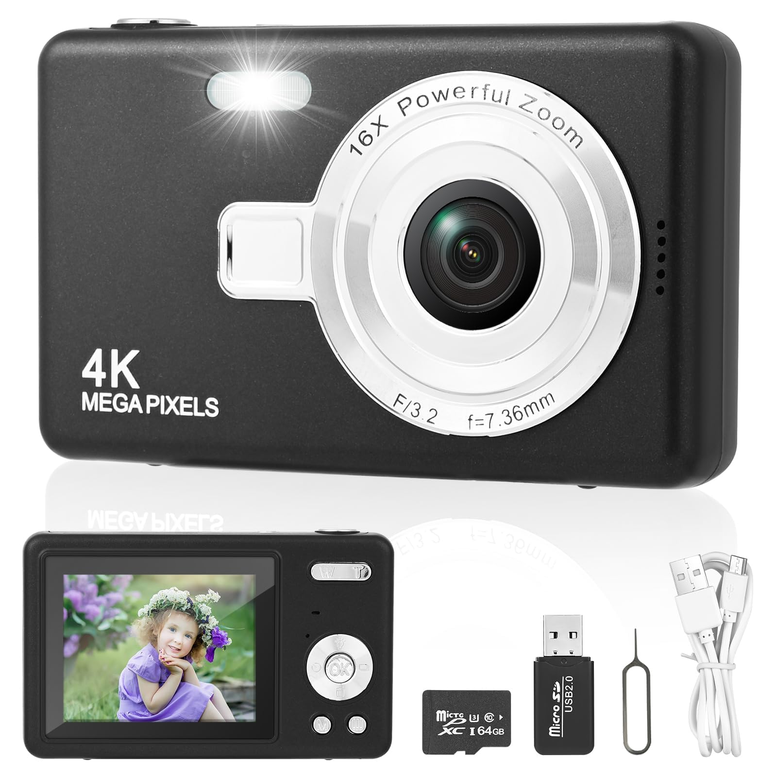 Macchina Fotografica Digitale con Scheda 64GB, 1080P 40MP Fotocamera Digitale Compatta con Zoom Digitale 8X Flash, Fotocamere Digitali Per Bambini Adolescenti Adulto Principianti (Nero)
