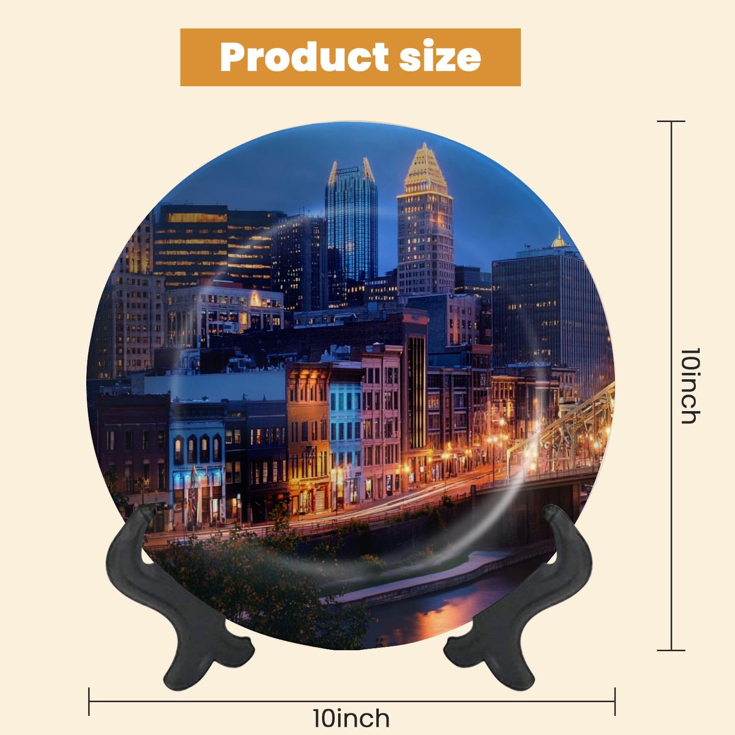 Decorative Plates for Display Cityscape Pittsburgh Evening Light Fort Pitt Bridge Blurry Ferry Gift Plates Ceramic Collections Plates Hanging Artwork for Living Dining Room Kitchen Souvenir
