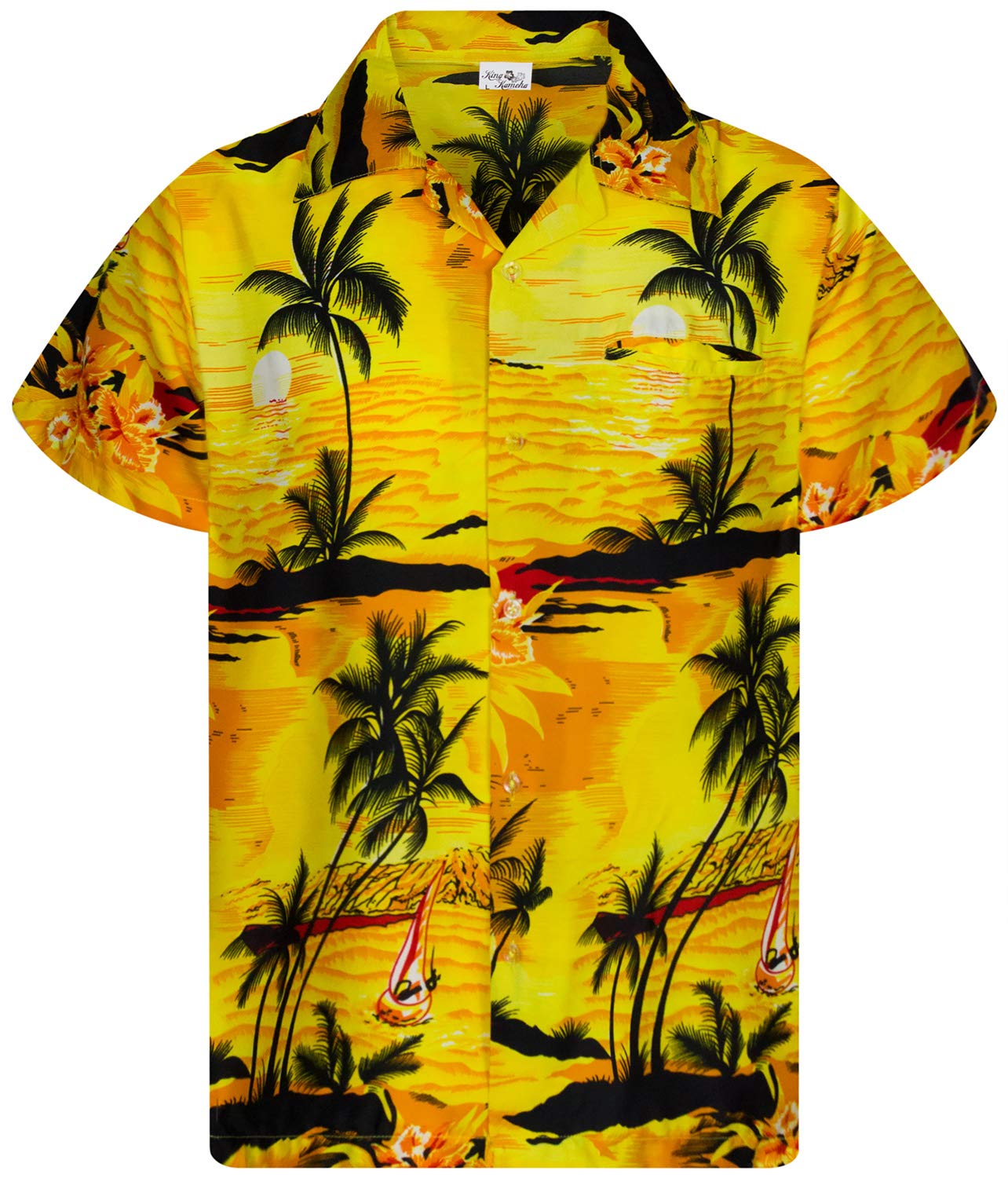 King Kameha Funky - Camisa Hawaiana para niños, niñas, Manga Corta, Bolsillo Frontal, Estampado Hawaiano, Unisex, Estampado de Palmeras