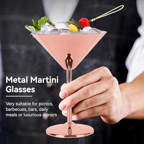 Miniatura 4 de Juego de 2 vasos de Martini de acero inoxidable, vasos de Martini de metal irrompibles de 0.7 onzas líquidas, copas de Martini de cobre, elegantes