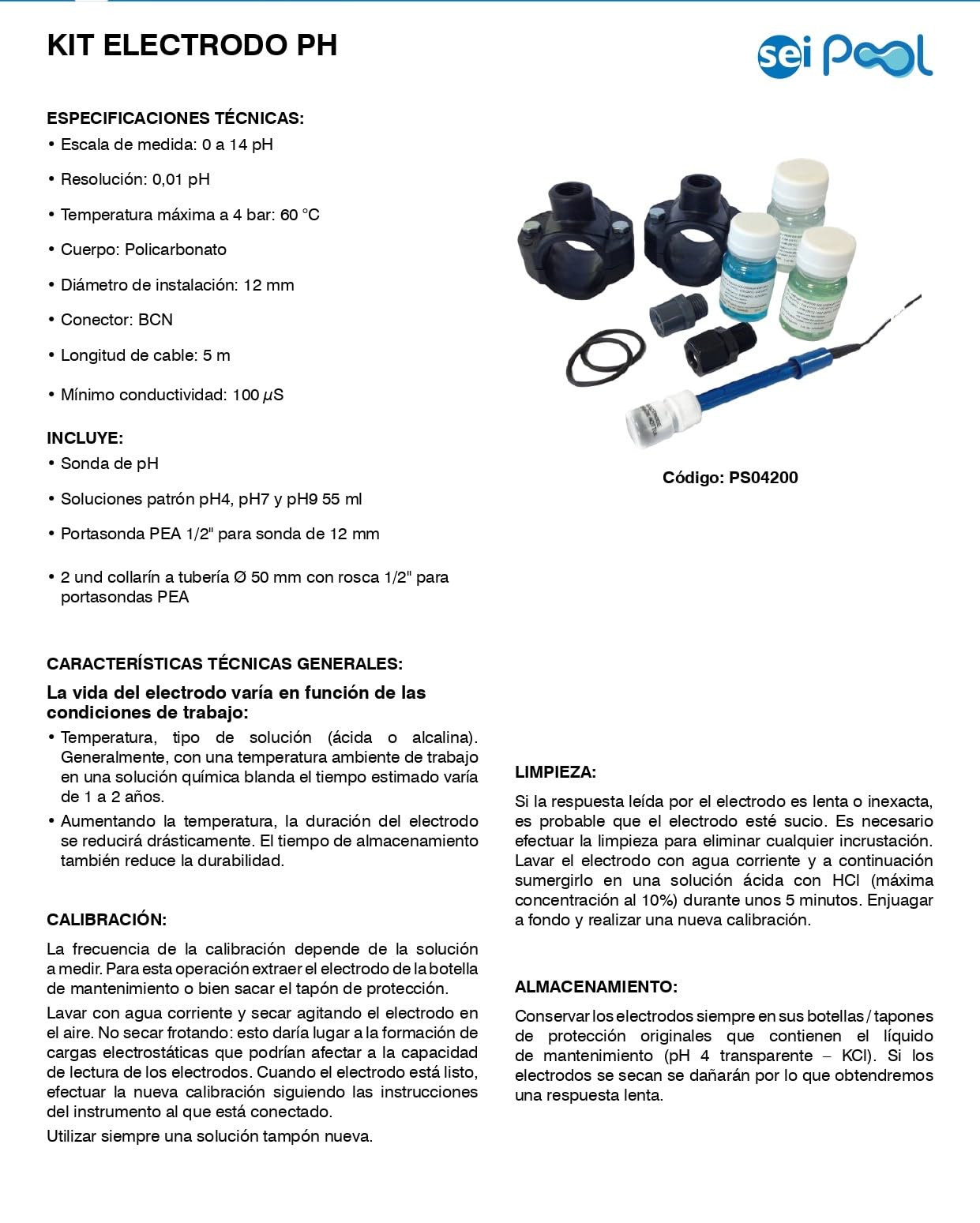 Sei Pool Kit Electrodo pH Profesional, Rango 0-14 pH, Cable 5m, con Soluciones Calibración, Portasonda y Collarines para Piscina