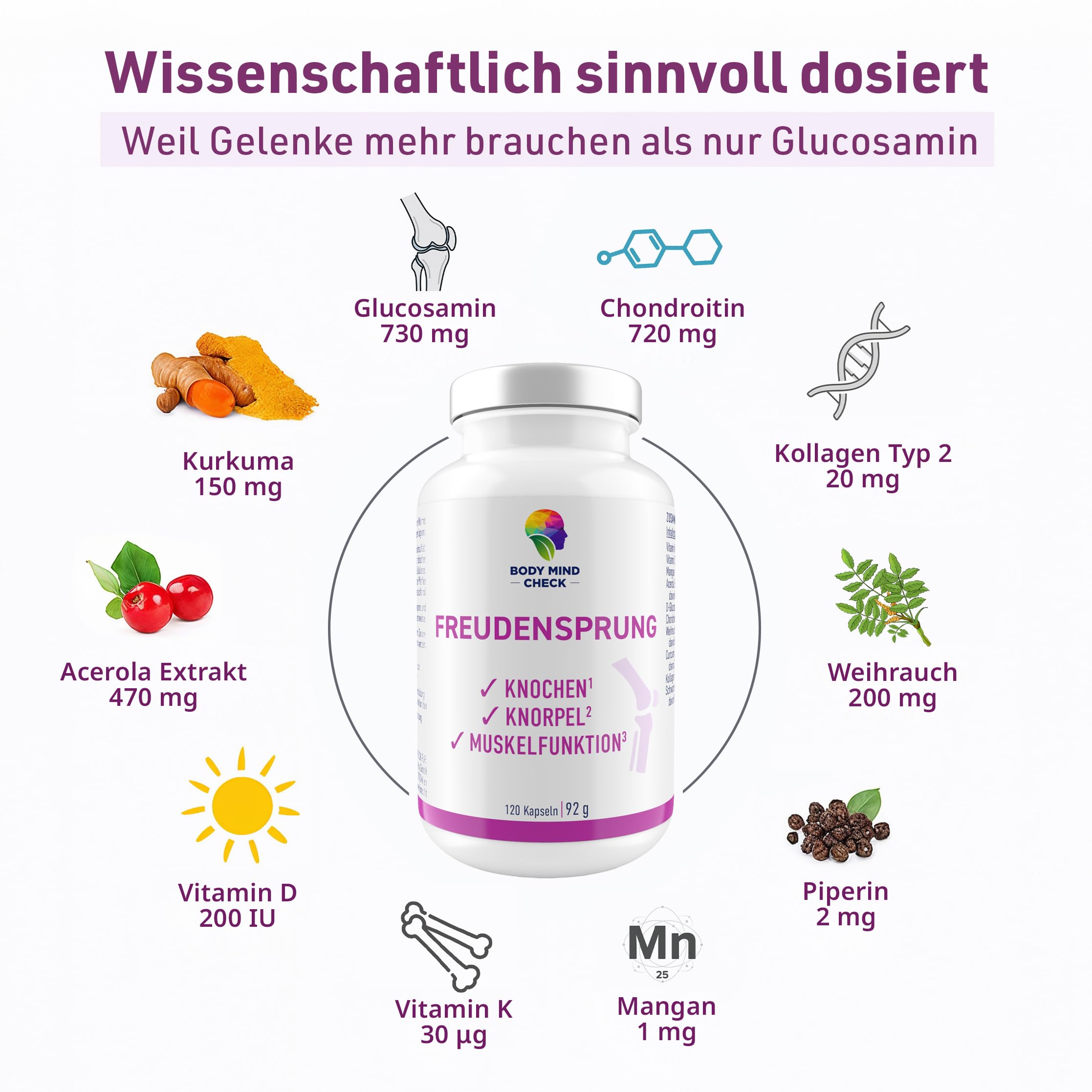 FREUDENSPRUNG für Knochen, Knorpel, Muskelfunktion und mit Weihrauch für die Gelenke - 120 Kapseln mit Glucosamin, Chondoitin, Kollagen, Mangan, Kurkuma, Weihrauch, Vitamin C/D/K - hochdosiert.