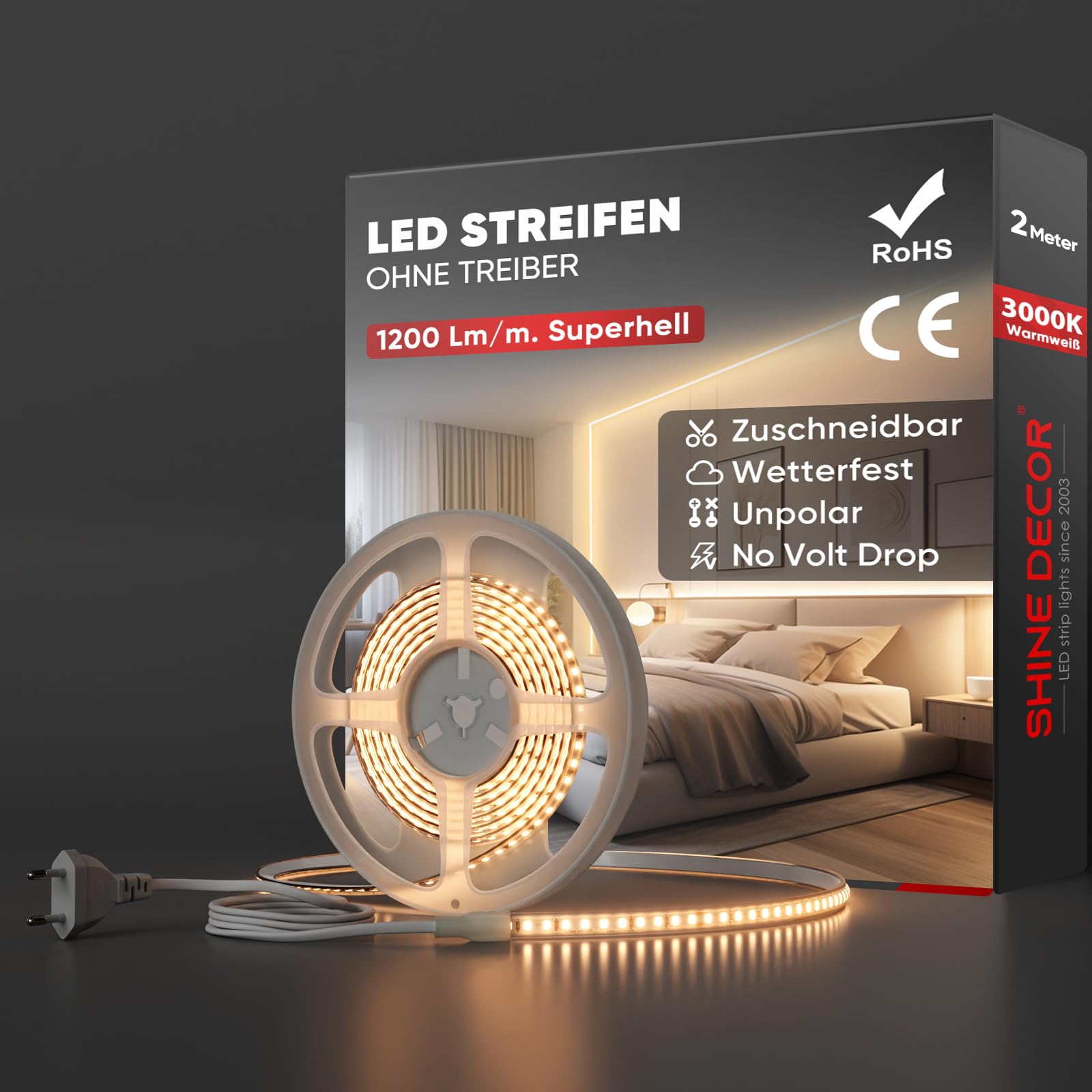 Shine Decor LED Streifen, AC 220V 230V IP65 Wasserdicht LED Band, SMD 2835 120 leds/m Ultrahohe Helligkeit Lichtleiste für Home Decoration Küche Garten LED Beleuchtung