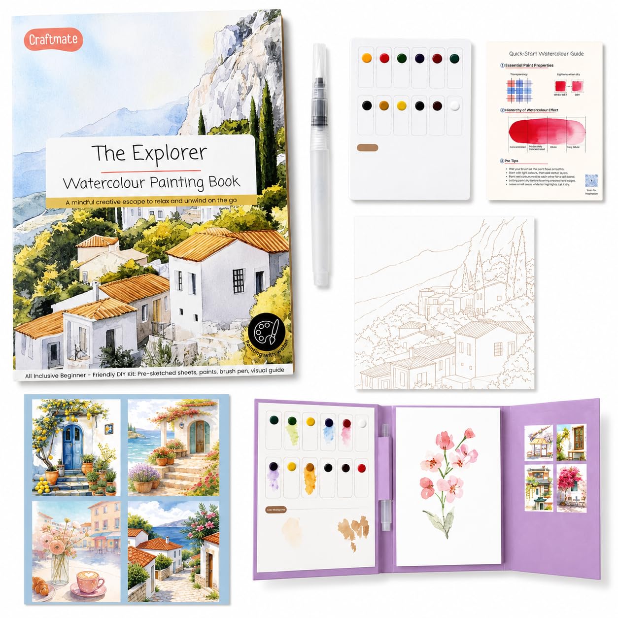 CRAFTMATE The Explorer Watercolor Painting Book | DIY Paint with Water Kit for Kids, Teens & Adults | 16 Pre-Sketched Landscape & Travel Designs with Paint Palette & Water Brush Pen | Travel-Friendly Watercolour Art Book-image-19