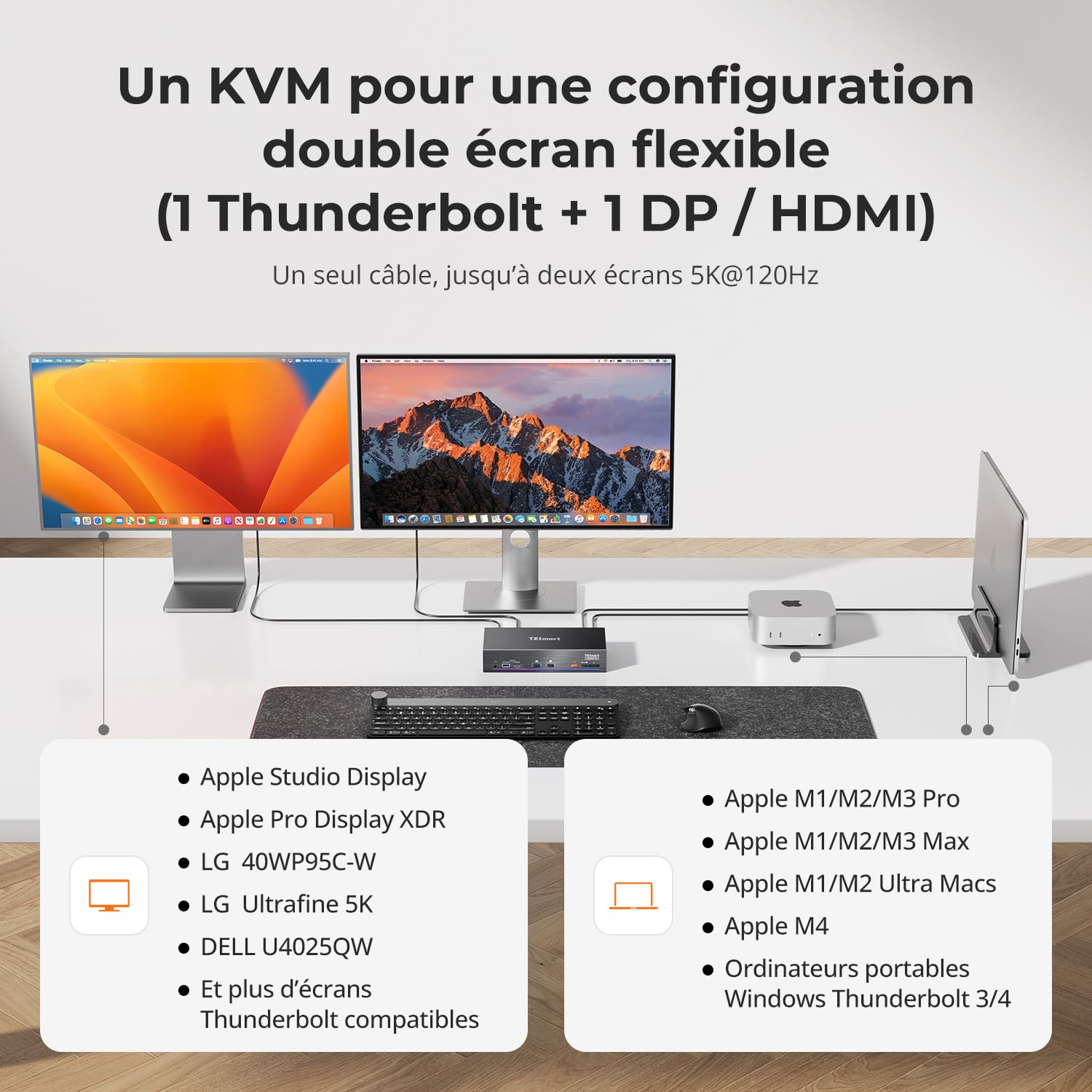 TESmart Commutateur KVM compatible TB4 2x2 5K@120Hz pour Apple Studio Display 2 PC 2 écran PD 60W 40 Gbps TB4 compatible,10Gbps USB 3.2 Gen,raccourci clavier,port LAN Gigabit