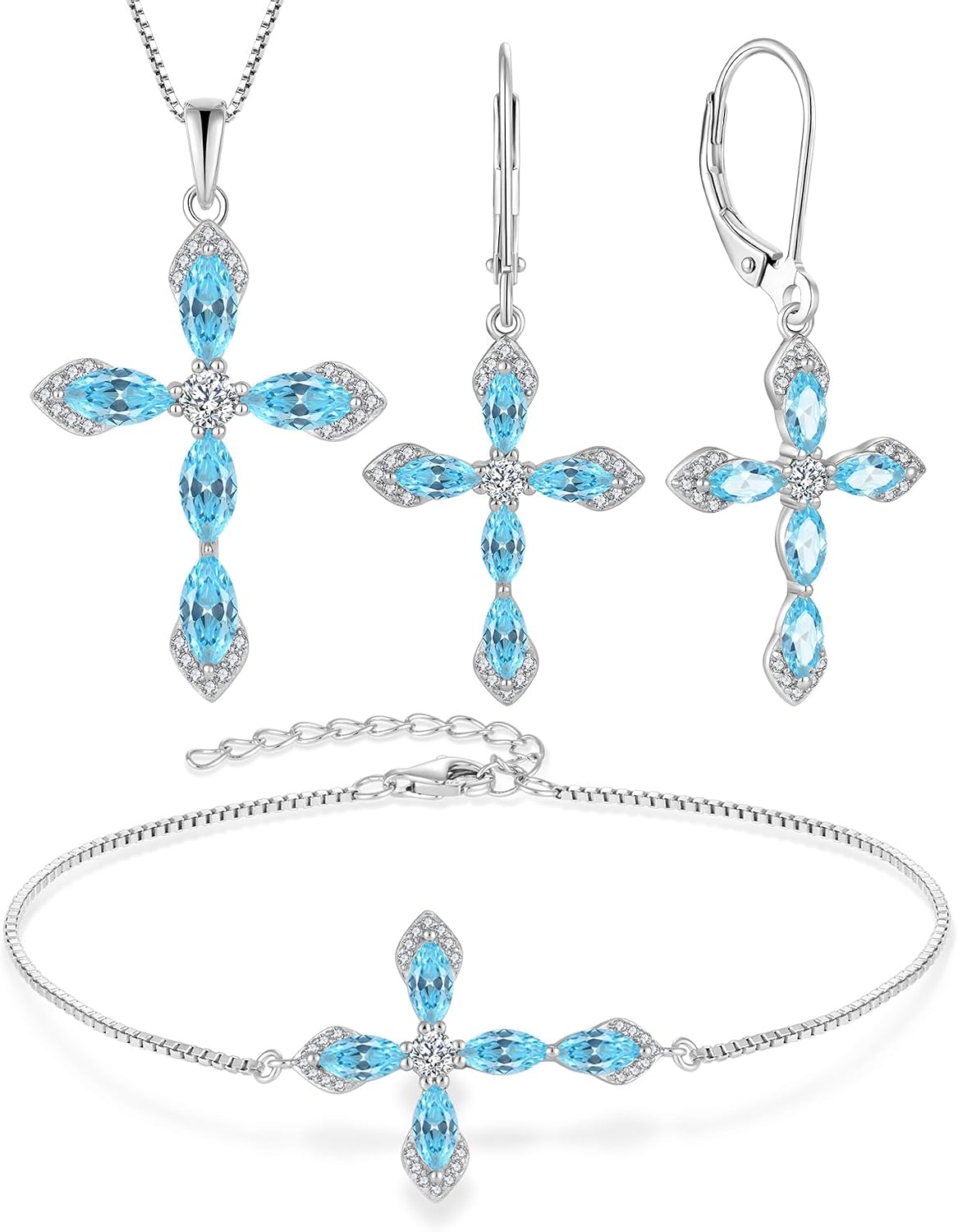 Cross Necklace Earrings Bracelet 925 Sterling Silver Aquamarine Jewelry Set Gemstone Crucifix Religious March Birthstone Jewelry for Women