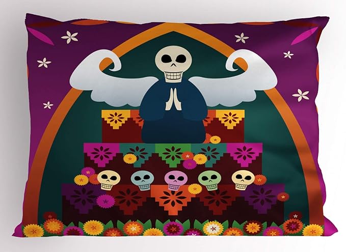 Ambesonne Sugar Skull Pillow Sham, Angel with Skull Head on top of Altar to Celebrate Dia de Los Muertos, Decorative Standard Size Printed Pillowcase, 26