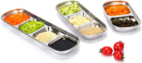 drizzle 3PCS Salsa Plato de Salsa de Acero Inoxidable Salsa de Tomate de Soja Vinagre Sal Azúcar Especias Sabor Condimento Dip Tazones Coreanos BBQ