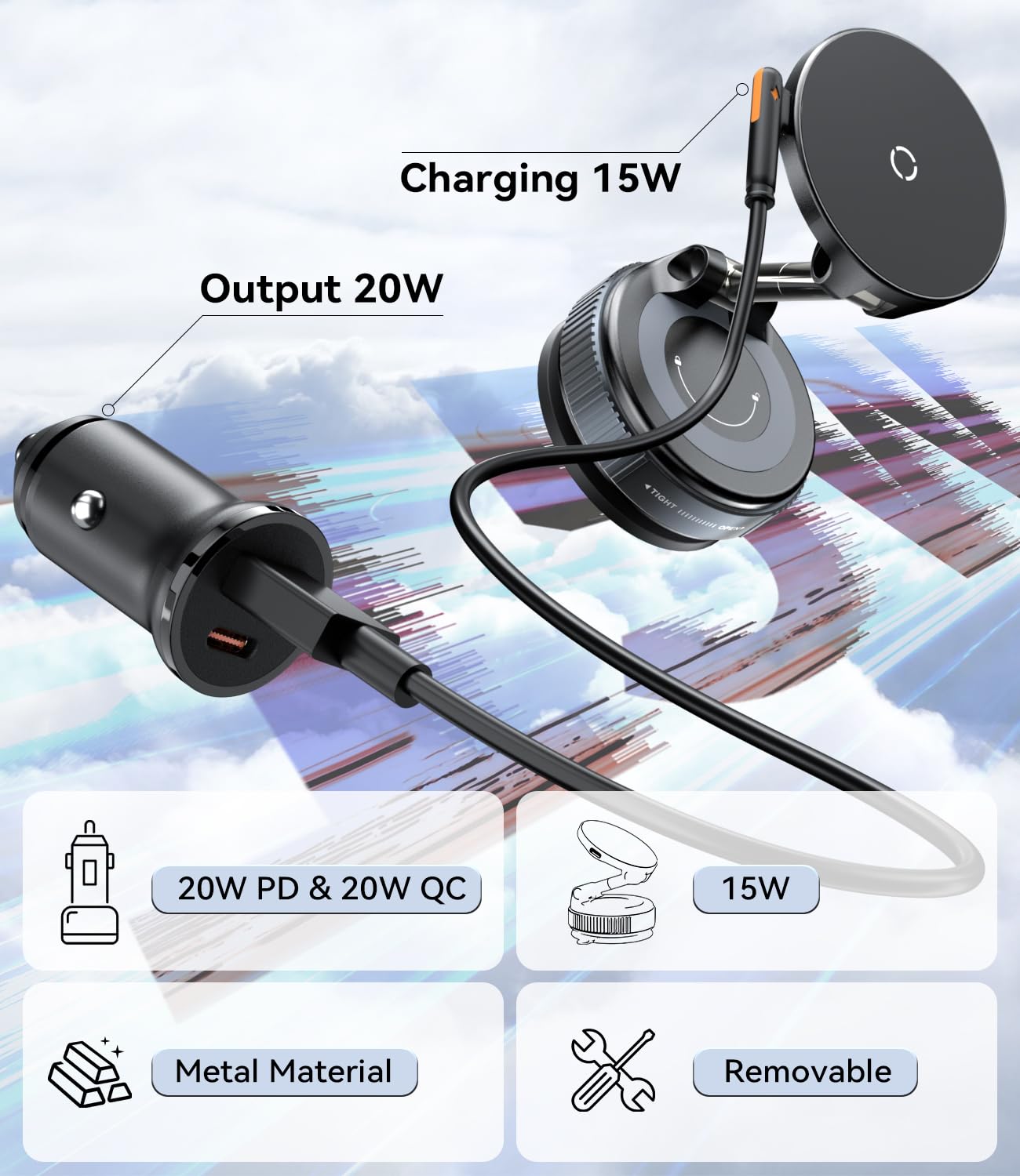 15W Support Telephone Voiture Induction Compatible avec Chargeur Magsafe Voiture, Ventouse Améliorée Support Téléphone Voiture sans Fil Magnétique pour iPhone 17/16/15/14 séries, avec QC 3.0