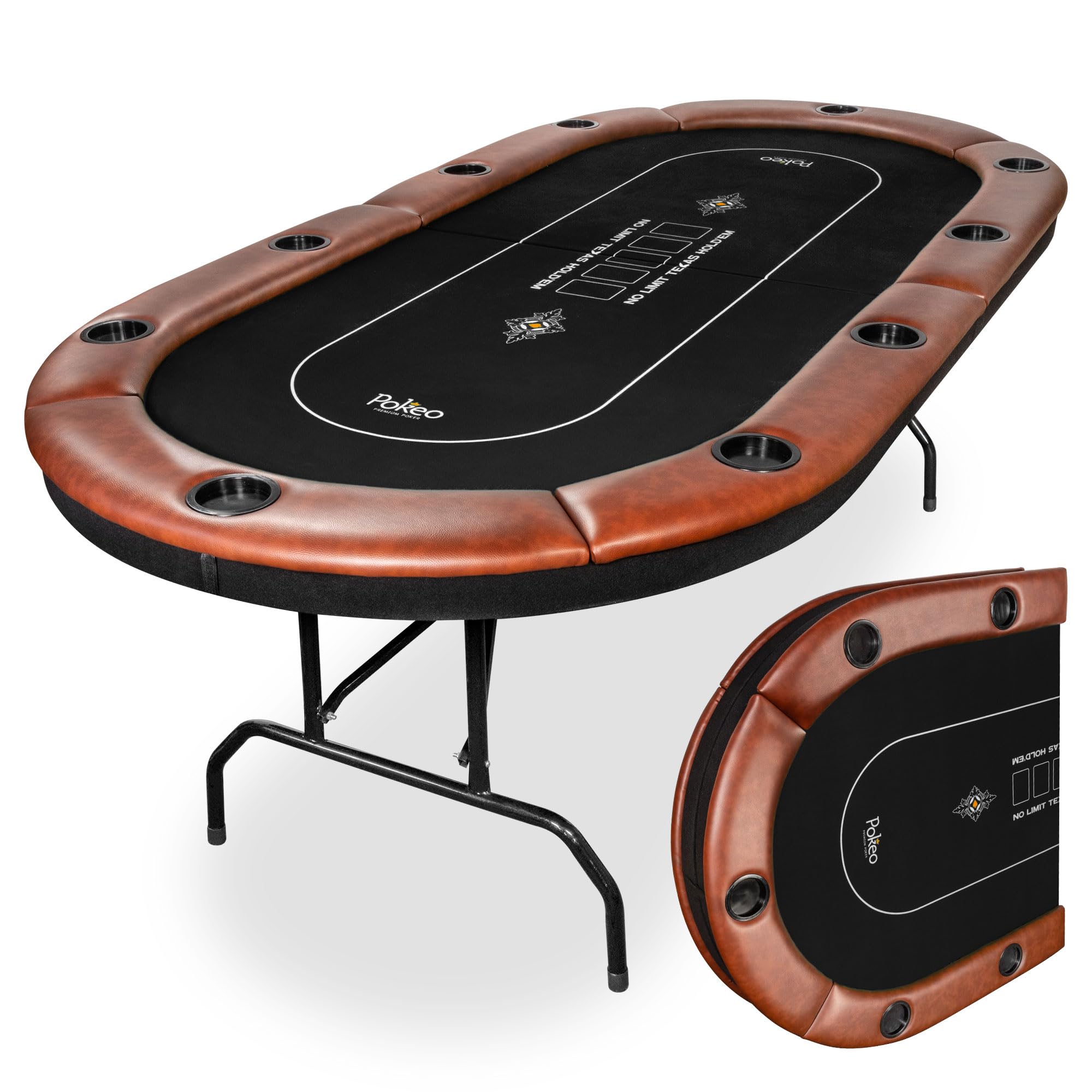 Mesa de Póker Plegable para 10 Jugadores – Tapete Negro – Compacta – Apoyabrazos PU Marrón – 10 Portavasos – Texas Hold'em Blackjack