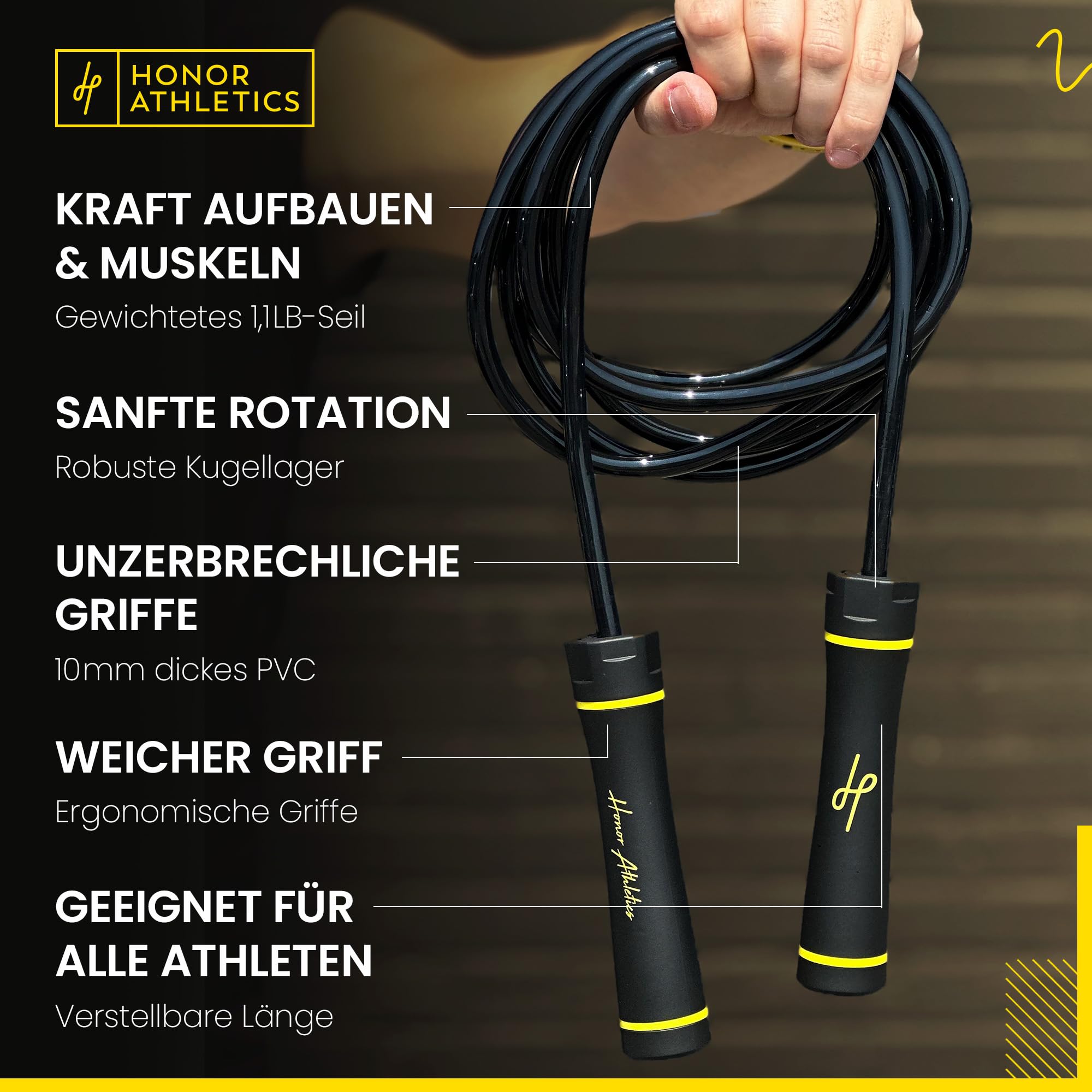 Honor Athletics - Gewichtetes 0,5 kg schweres Springseil für hochintensives und Krafttraining – verstellbares 3 m langes PVC-Seil mit ergonomischem Griff, Kugellager, ideal für Boxen, Crossfit, Muay