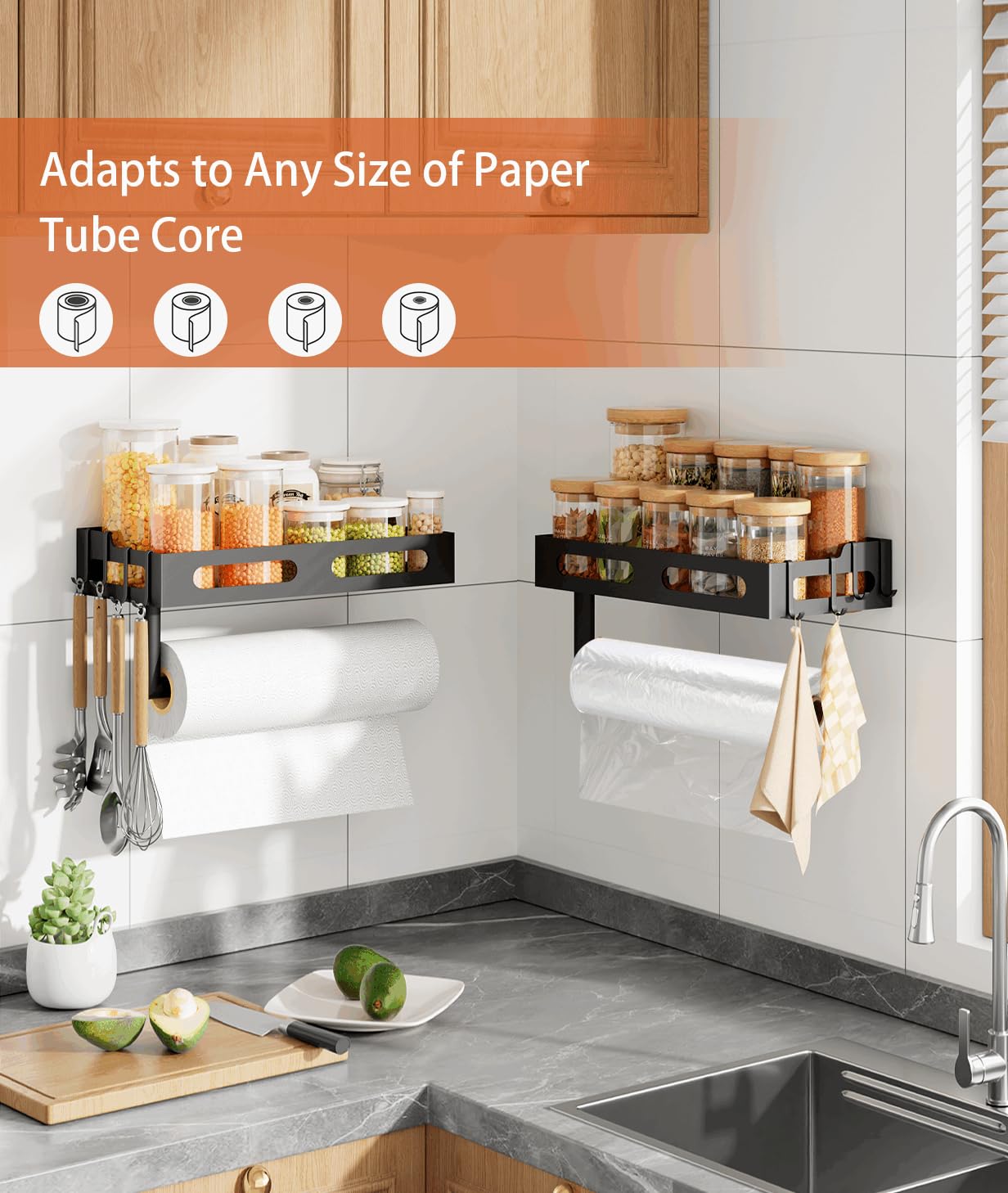 Soporte de pared para toallas de papel para cocina, lágrima con una sola mano, soporte para toallas de papel de baño con estante, estante para especias y toallero de papel para caravana, soporte para 5