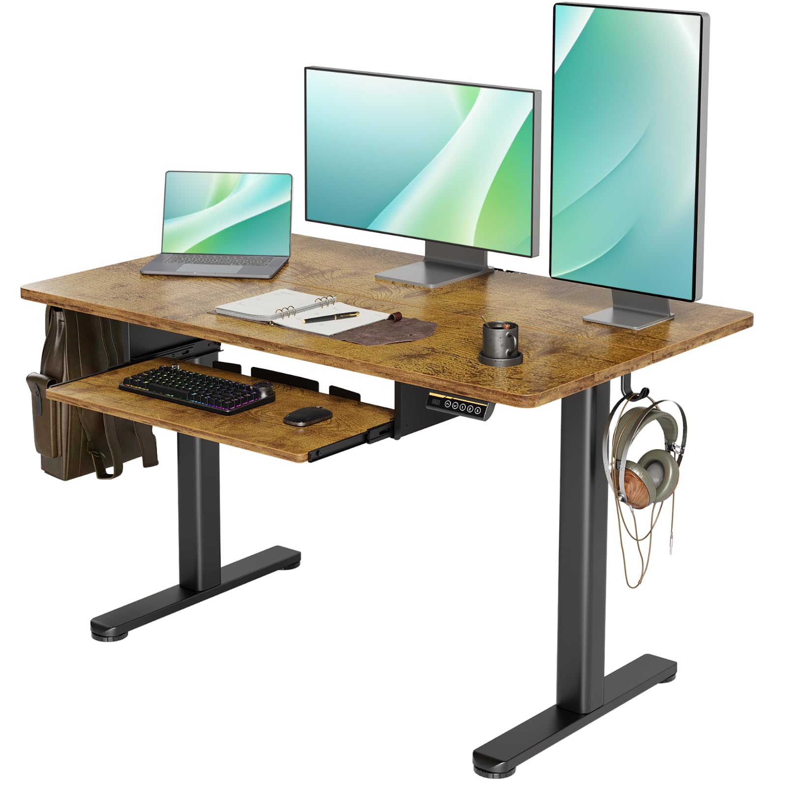 YDN Standing Desk, Height Adjustable Computer Desk with Keyboard Tray, 48 Inch Rustic Brown Ergonomic Desk for Home Office and Gaming