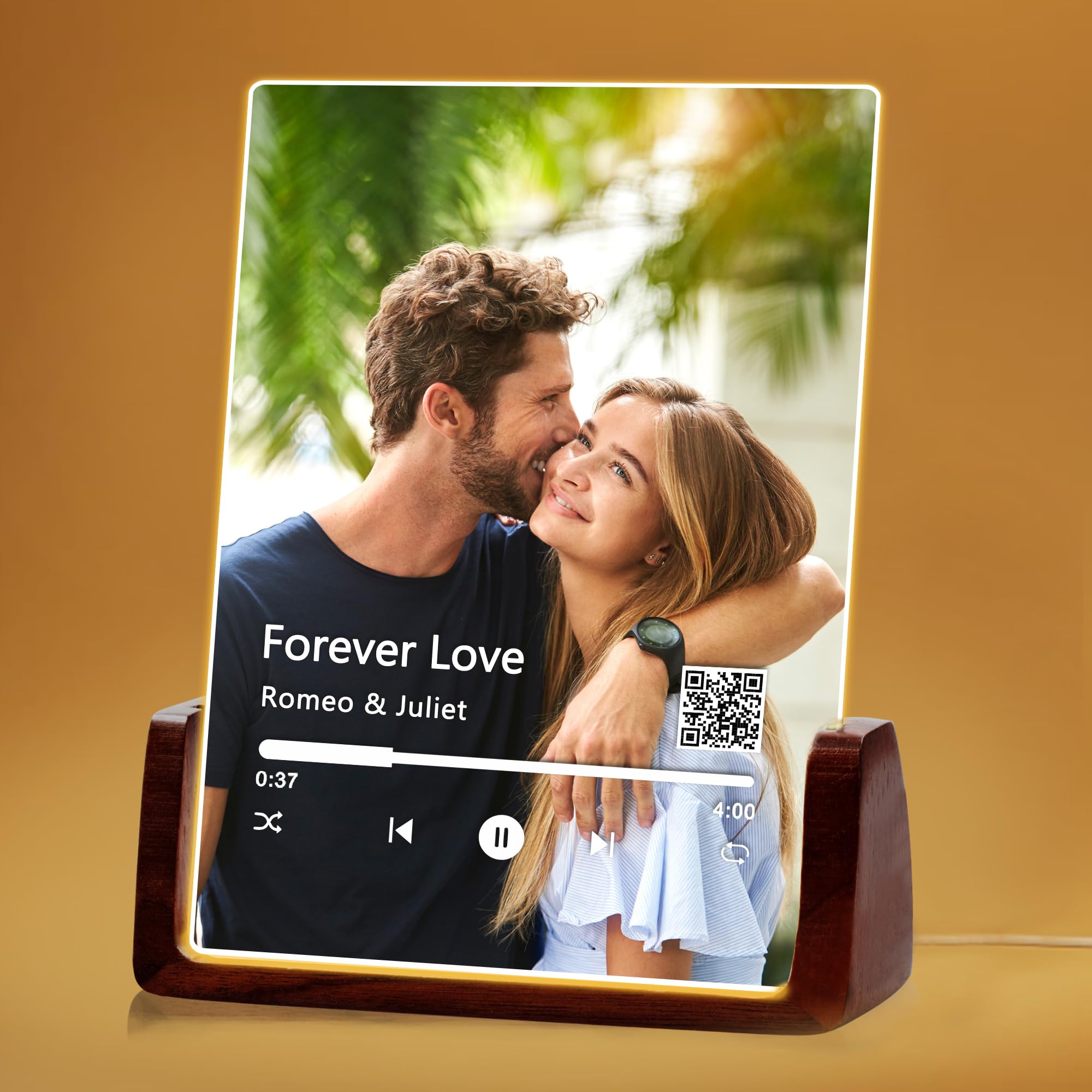 Toyofmine Full-Qr Code Personalised Spotify Glass Plaque Night Light Custom Song Album Cover Music Plaque Picture Frame For Boyfriend Girlfriend Christmas Valentines Day