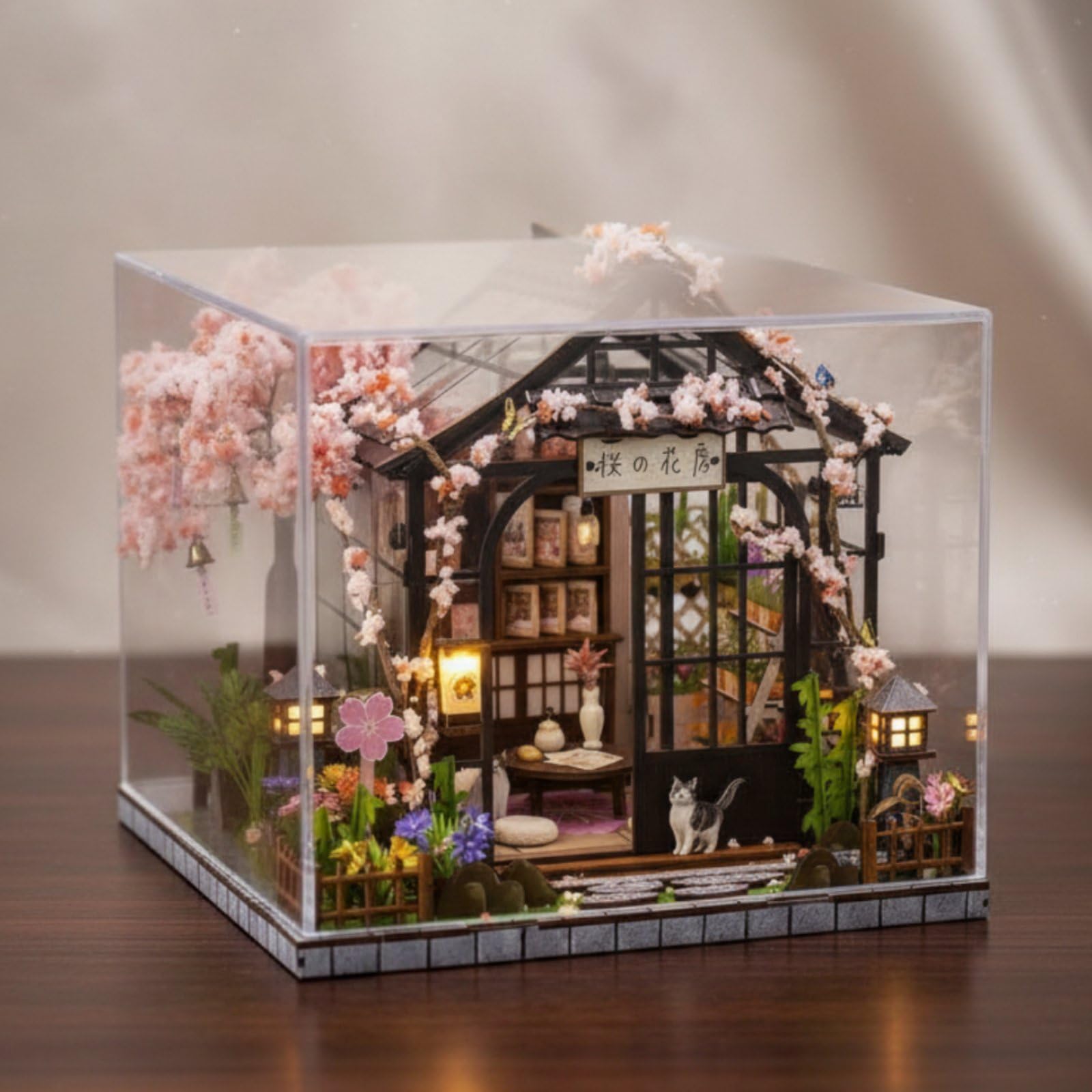 Colcolo Miniaturhaus Modellbausatz Puppenhaus Gewächshaus Japanisch Bastelset mit Drehendem LED Beleuchtung Transparentem Dach Und Schiebetüren für Sammlerpräsentation Wohndekoration