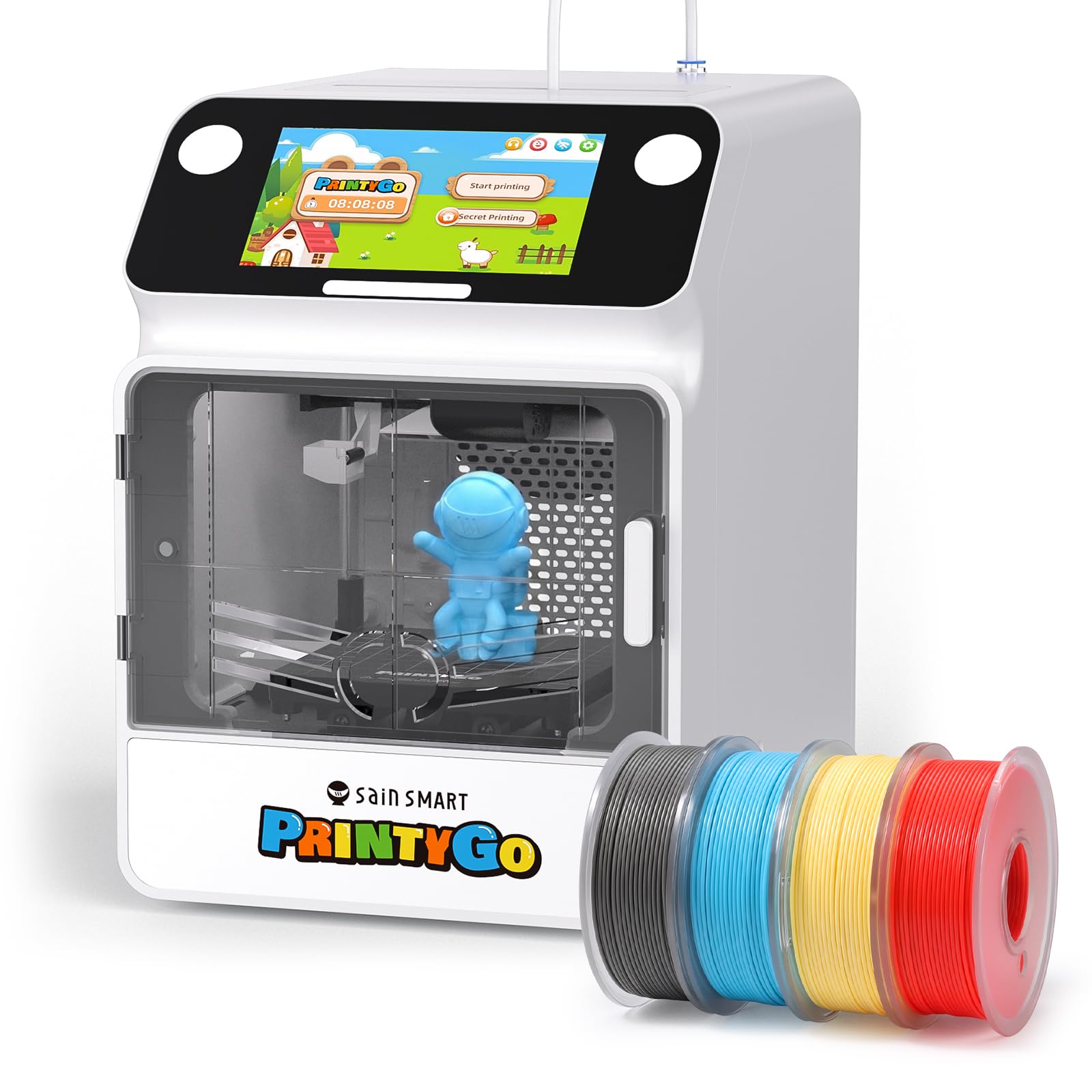 SainSmart PrintyGo - Mini stampante 3D per bambini - Include 4 filamenti PLA, touch screen da 5", oltre 1.500 modelli, a prova di bambino, controllo Wi-Fi/app, pre-assemblato