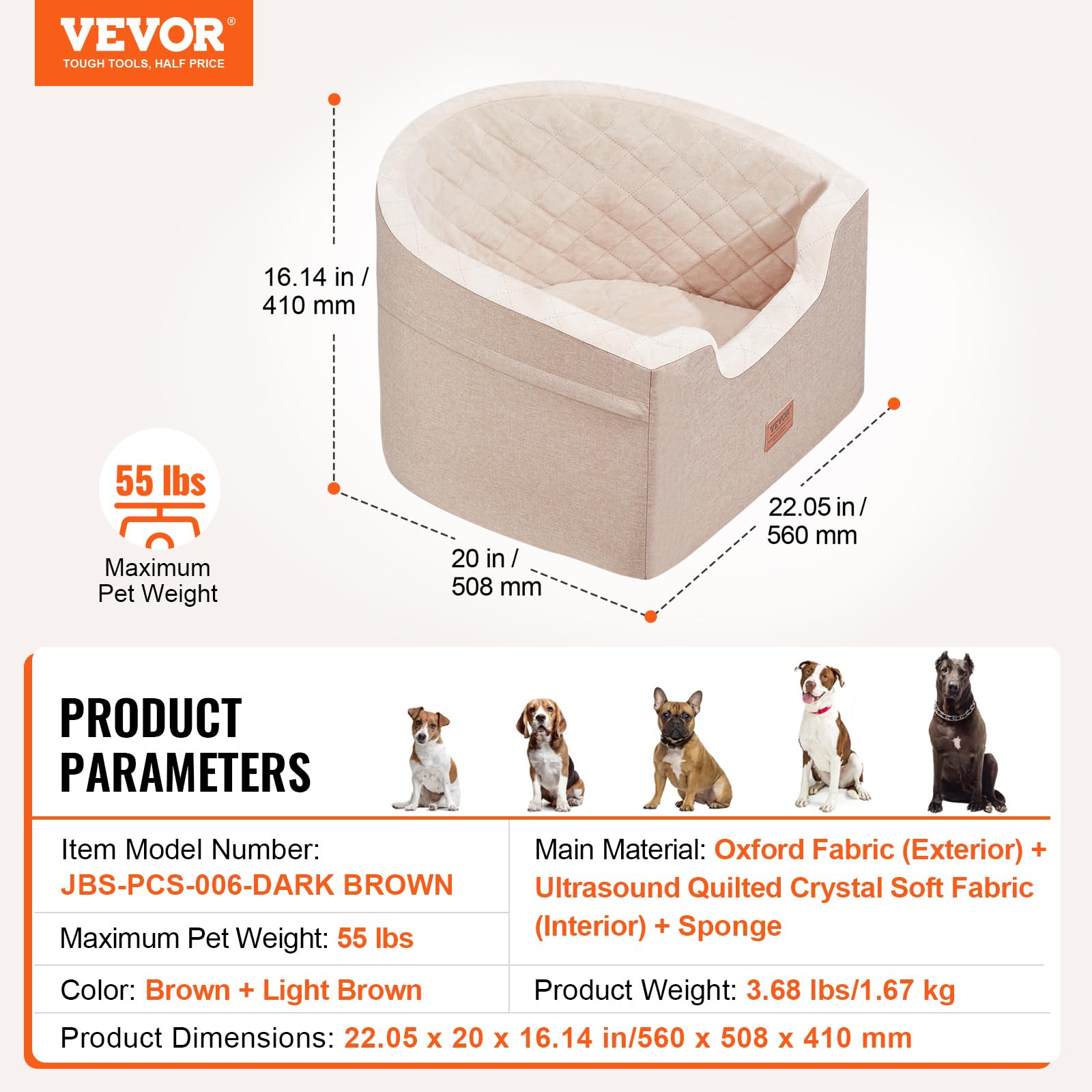 VEVOR Asiento de Coche para Perros 25 kg Asiento Elevado Impermeable para Mascotas con Respaldo Bolsillo de Almacenamiento Correa de Seguridad con Clip Acolchado de Esponja para Coche, Marrón