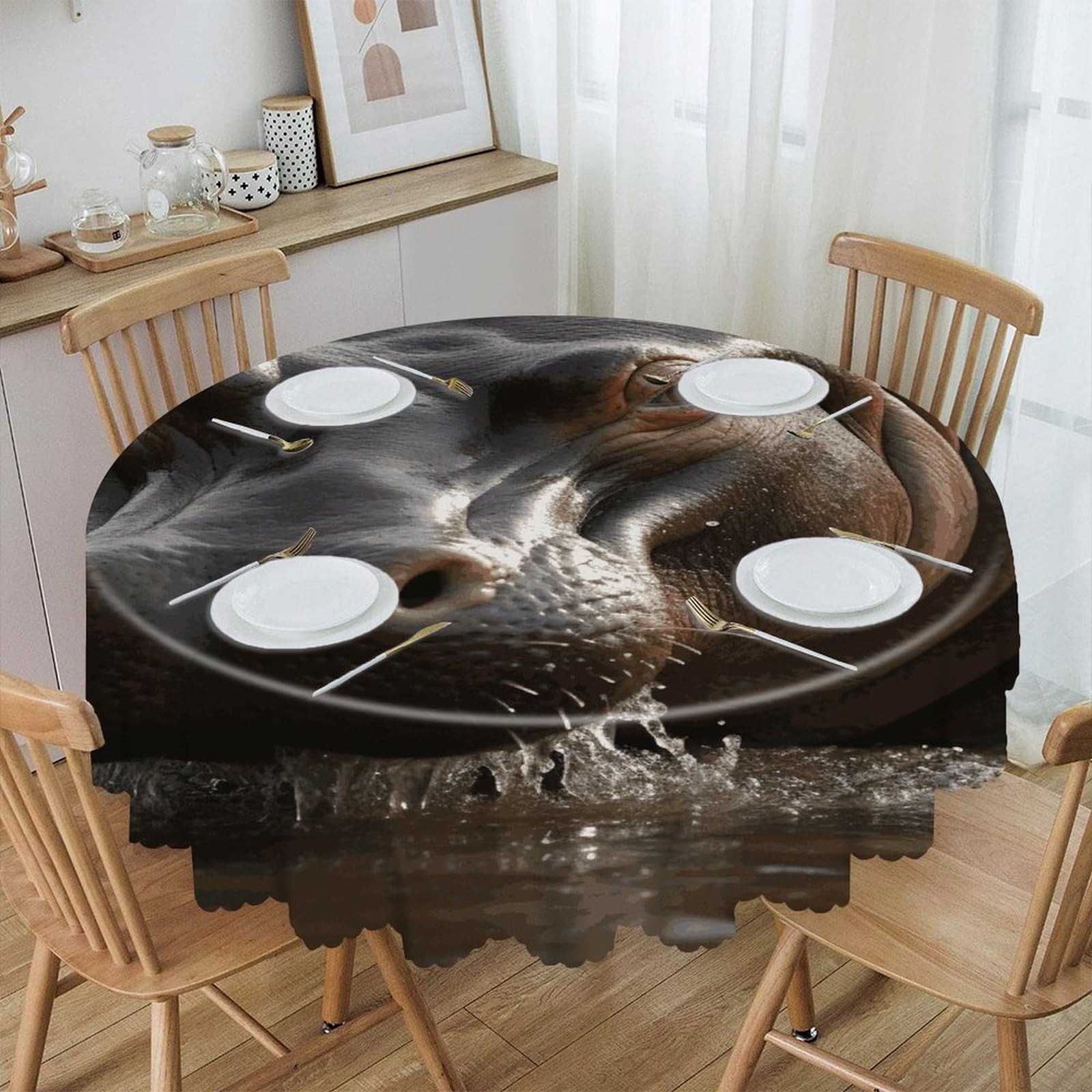 Btcowzrv Style Hippo Polyester Round Tablecloth 59.84 Inch, Decorative Washable Table Cover, Table Cloth For Restaurant Picnic Indoor And Outdoor Dining