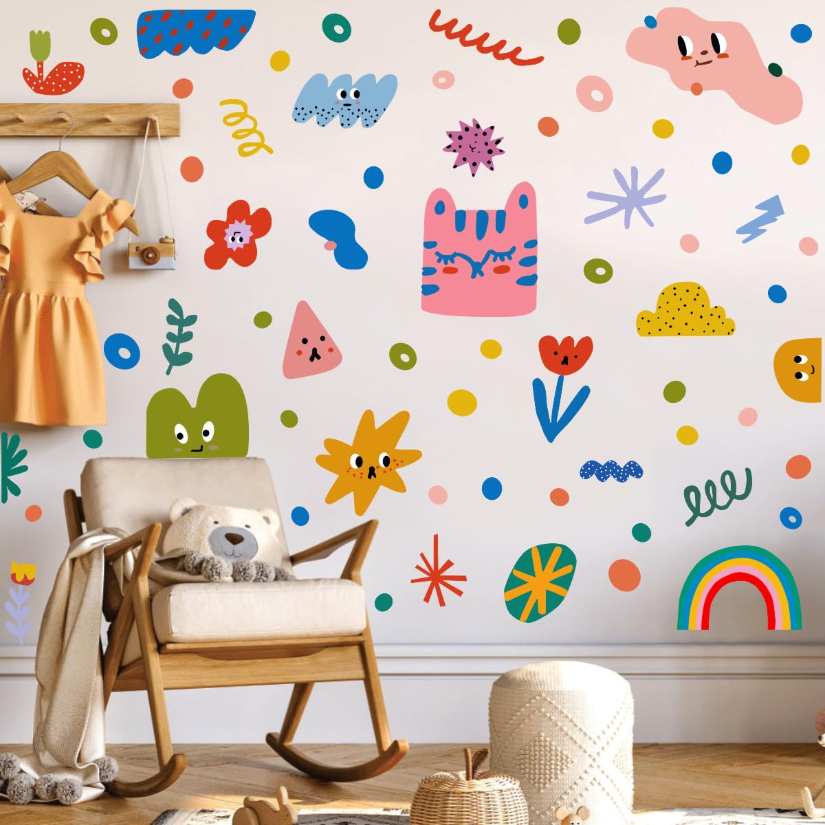 XUOIAYNB Colorful Abstract Shape Wall Stickers, Lovely Smile Clouds Rainbow Irregular Dots Vinyl Wall Decals, Removable Geometry Shape DIY Wall Art for Classroom Kindergarten Playroom Decor