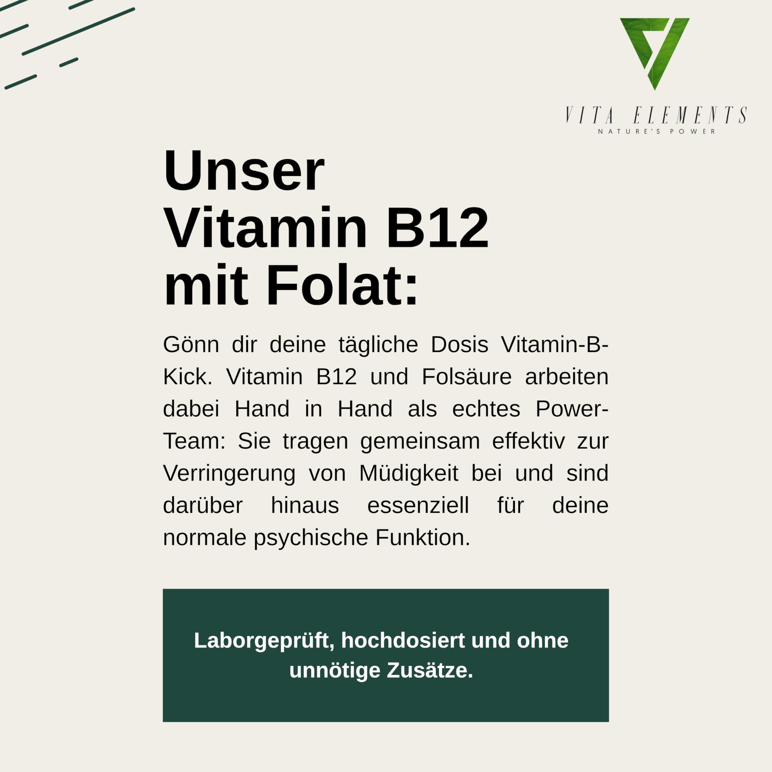 Vita Elements Vitamin B12 mit Folsäure - 180 Tabletten - Hochdosiert - Methylcobalamin - 6 Monate Vorrat - Vegan - Ohne Zusätze – Laborgeprüft