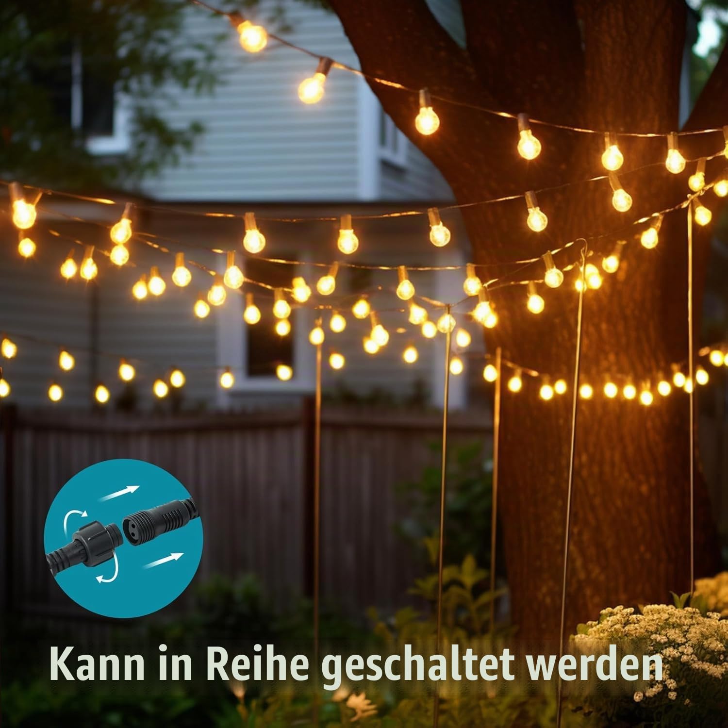 Lichterkette Außen Strom, 50m G40 Glühbirnen Outdoor Lichterkette, Dimmbar und mit Zeitschaltuhr Wetterfest Warmweiß Aussen Lichterkette für Garten Terrasse Balkon Hochzeiten Party,24V