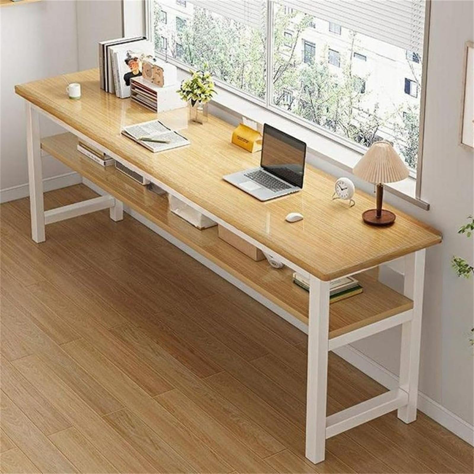 MESCXTY Extra Long Computer Desk,Narrow Writing Office Desk,Large Computer Table Workstation,Home Office Desk with Storage Shelves for Home Office(100cm(39in), Natural2)