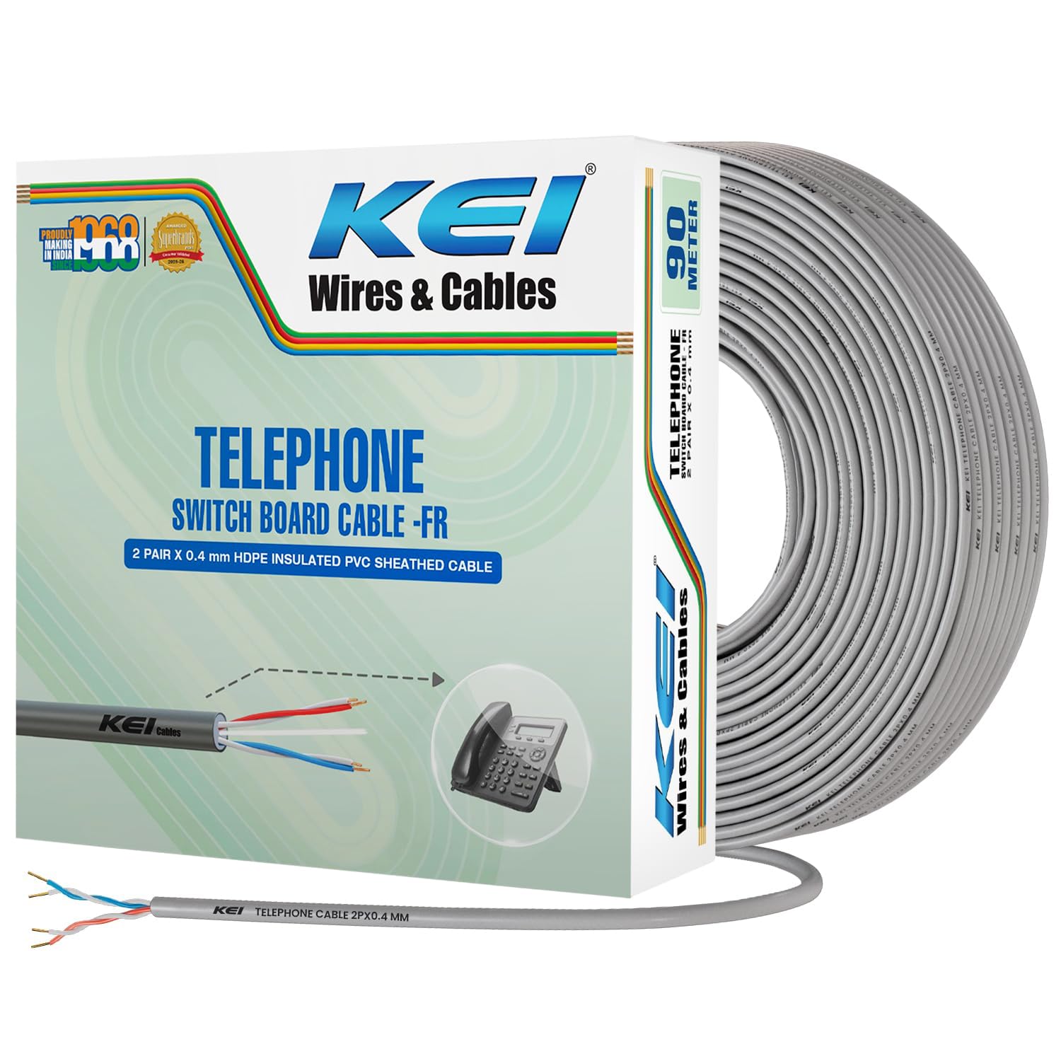 KEI Telephone Cable 2PairX0.4mm Dia High Conductivity Copper Telephone Switch Board Cable, Fire Retardant, PVC Insulated Telephone Cable for Residential,Offices,factories & Hotels Use(Grey, 90 Meter)-image-7