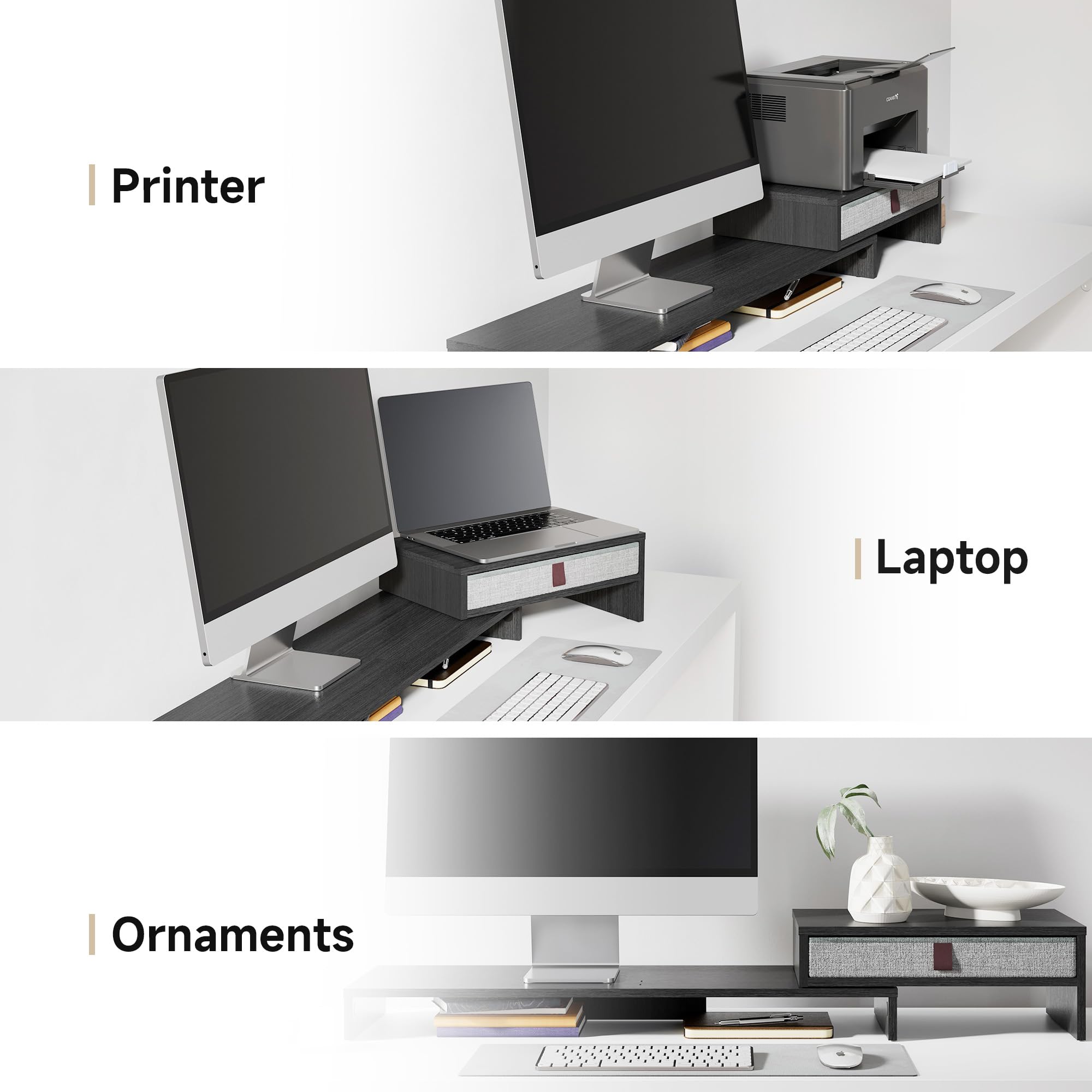 Fenge Supporto per Monitor Doppio con Cassetto, Supporto Monitor in Legno con Lunghezza e Angoli Regolabili, per PC/Laptop/Stampante, 78,3-113x23,5x15,9cm, Nero