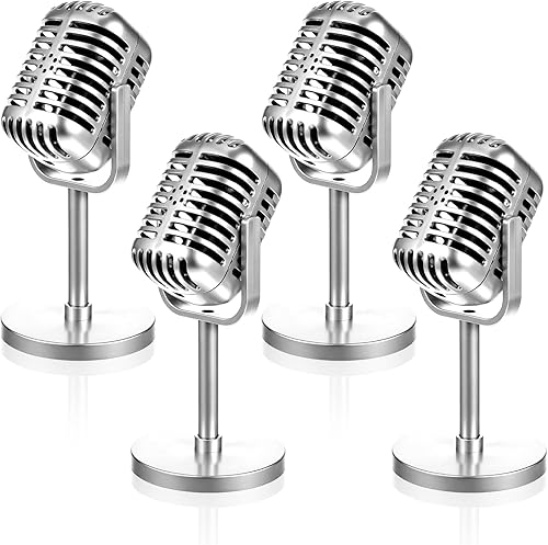 4 piezas de accesorios de micrófono retro modelo con soporte, accesorios de micrófono retro vintage, micrófono antiguo de plástico, decoración de