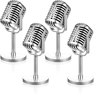 4 Pcs Retro Vintage Microphone Fake Microphone-Props Retro Microphone Props Model with Stand Plastic Fake Antique Microphones-Stage for Music Theam Party Decorations (Silver)