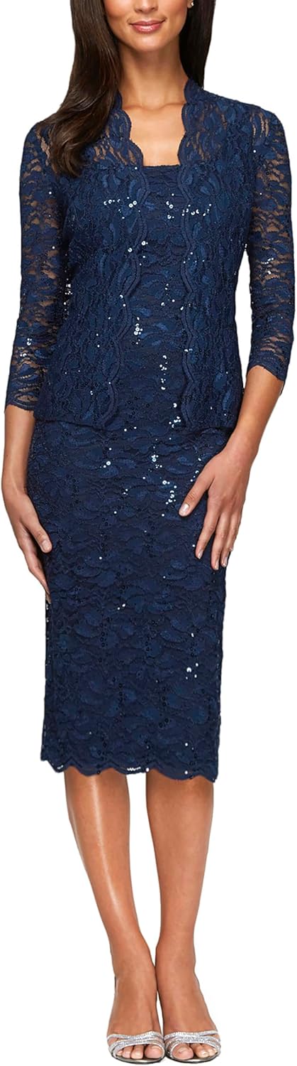 Alex Evenings Women's T-Length All Over Lace Dress with Jacket Set, Navy, 8
