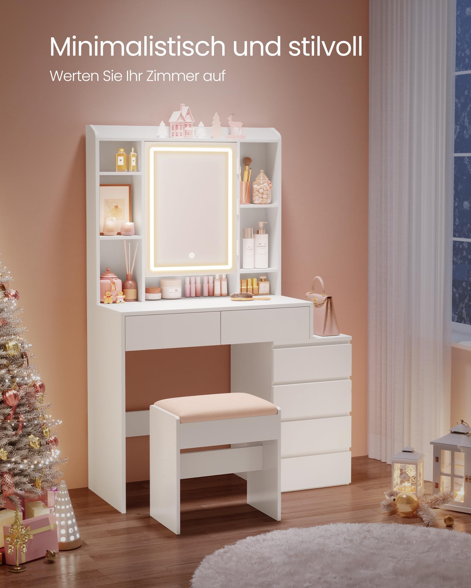 VASAGLE Kailyn Kollektion - Schminktisch mit LED-Beleuchtung, 3 einstellbare Lichtfarben, Frisiertisch mit Spiegel, Schubladen, offene Fächer, mit Hocker, verstellbare Ablagen, wolkenweiß RDT125W01